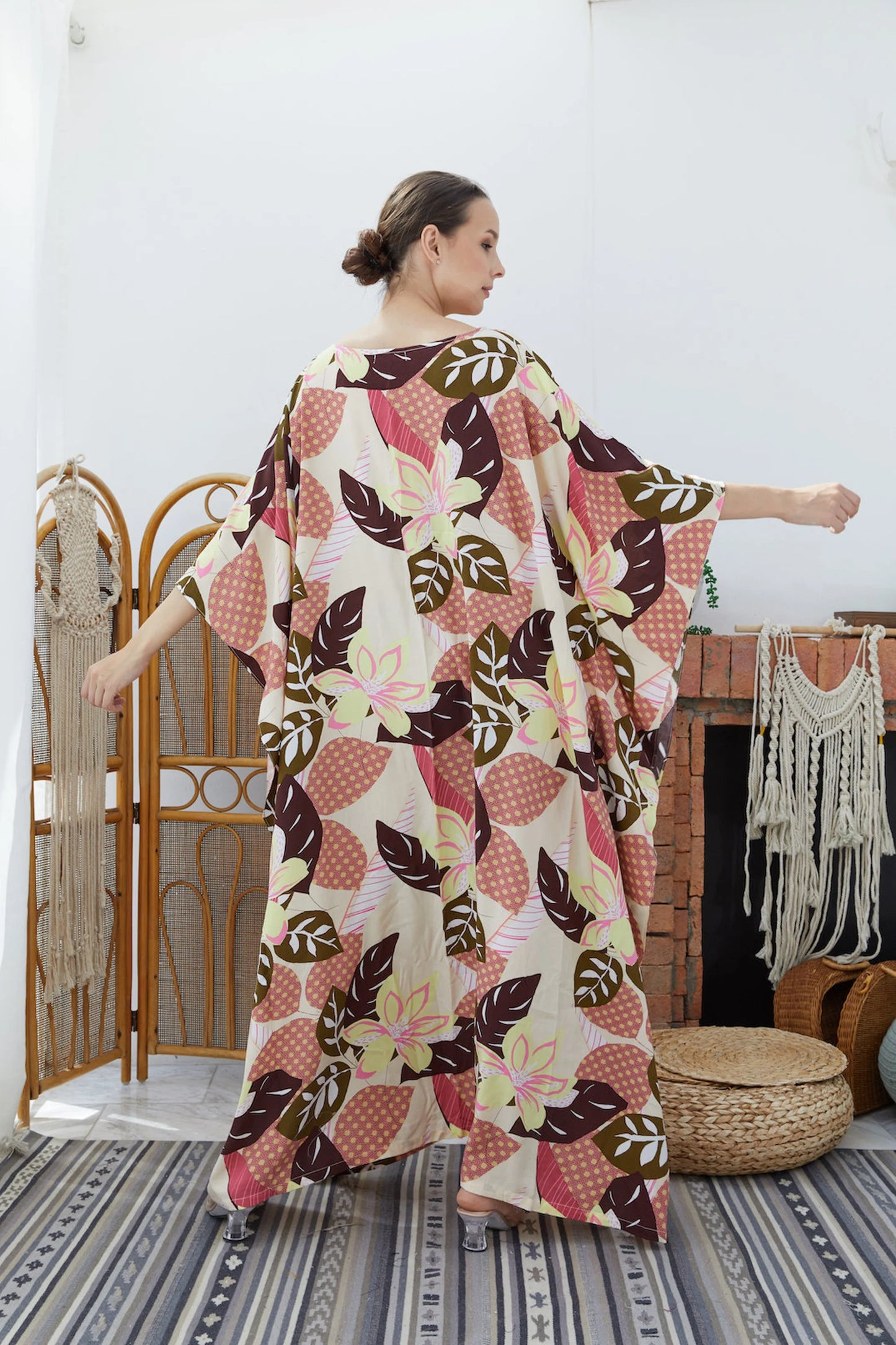 Abstract Brown Leaves Silky Kaftan Dress Women Plus Size Bridesmaid Dress Caftan