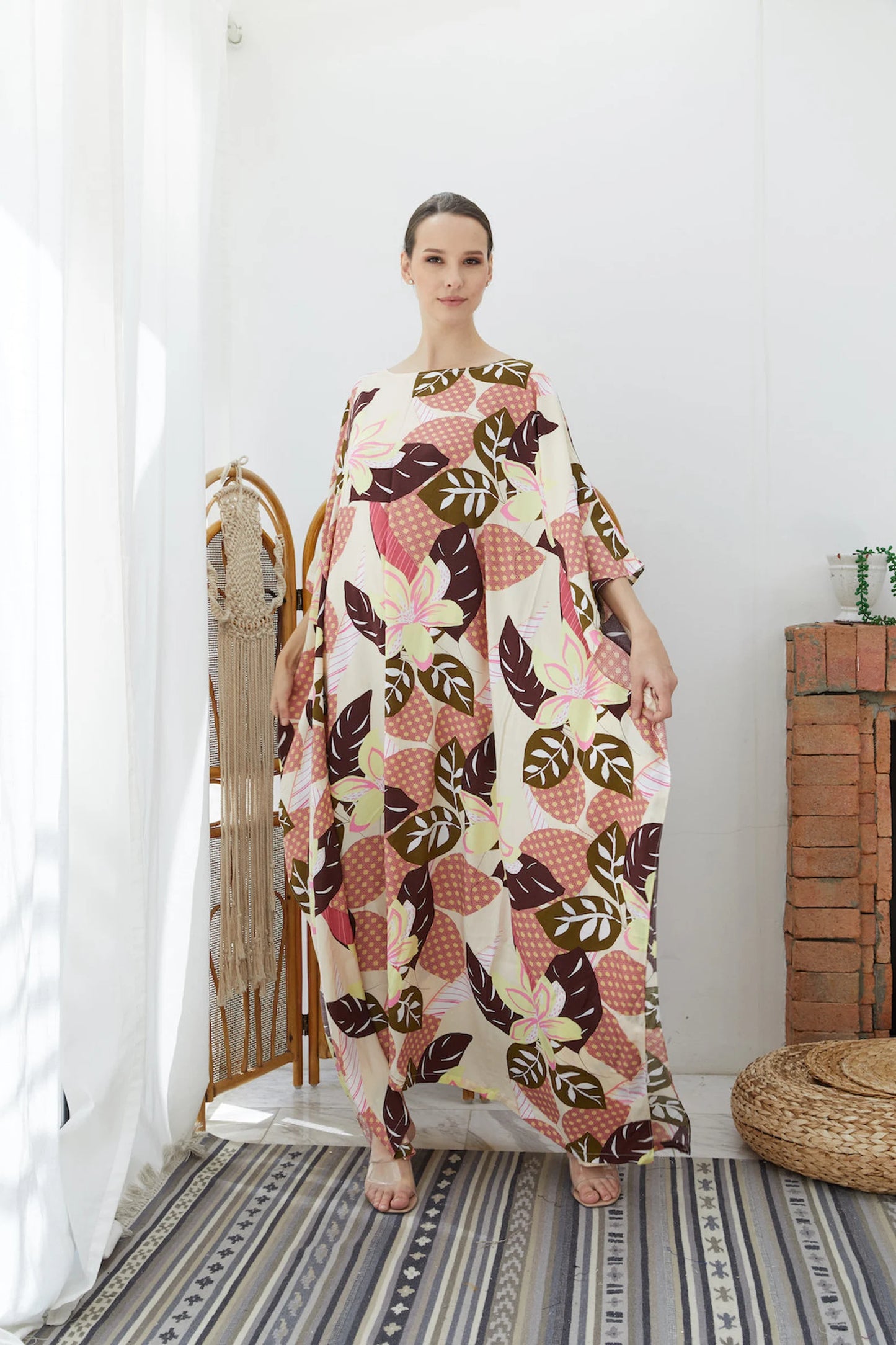 Abstract Brown Leaves Silky Kaftan Dress Women Plus Size Bridesmaid Dress Caftan