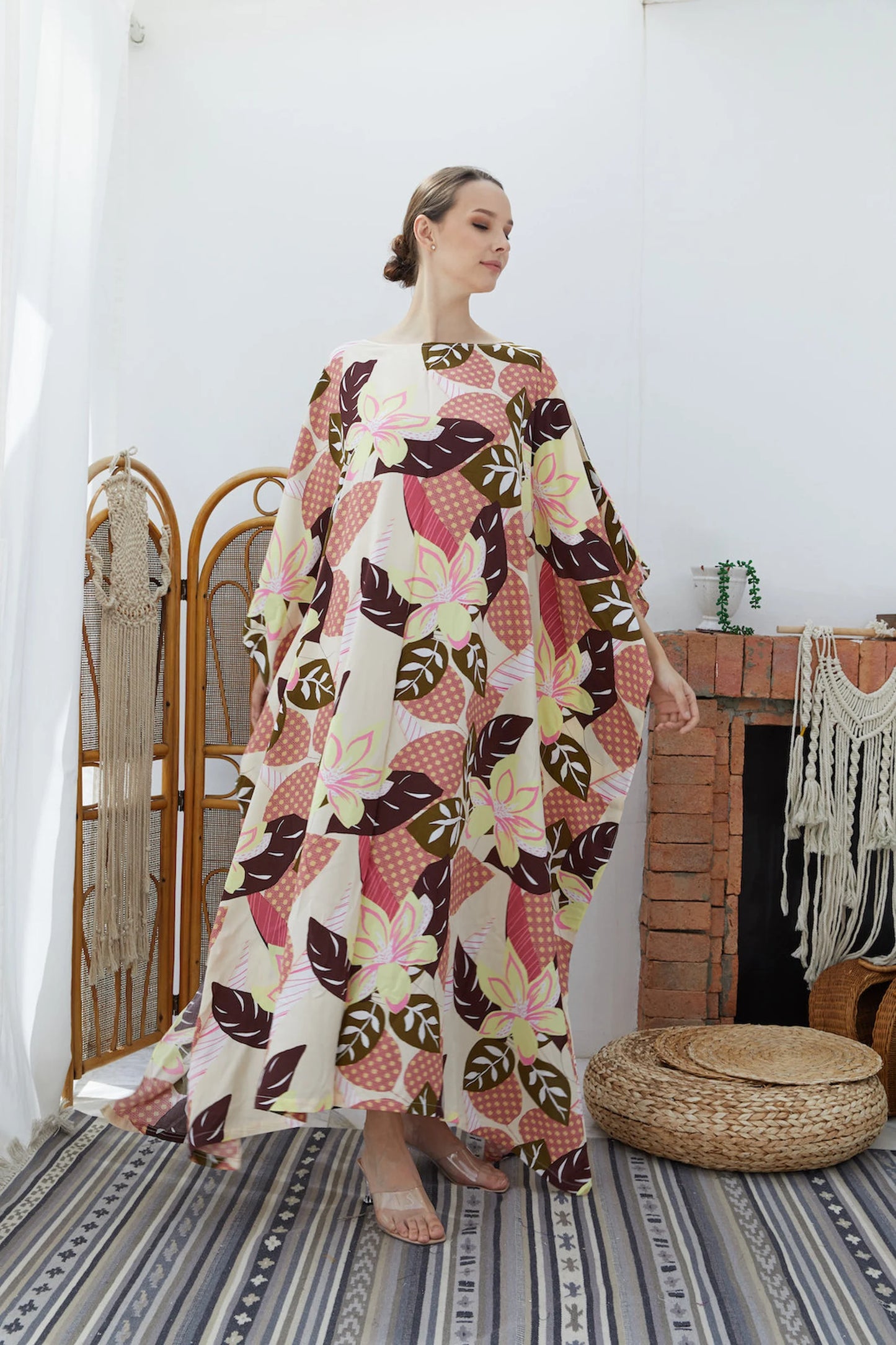 Abstract Brown Leaves Silky Kaftan Dress Women Plus Size Bridesmaid Dress Caftan