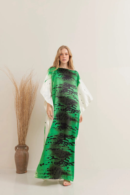 Abstract Green Brush Line Silk Kaftan Full Length Summer Dress