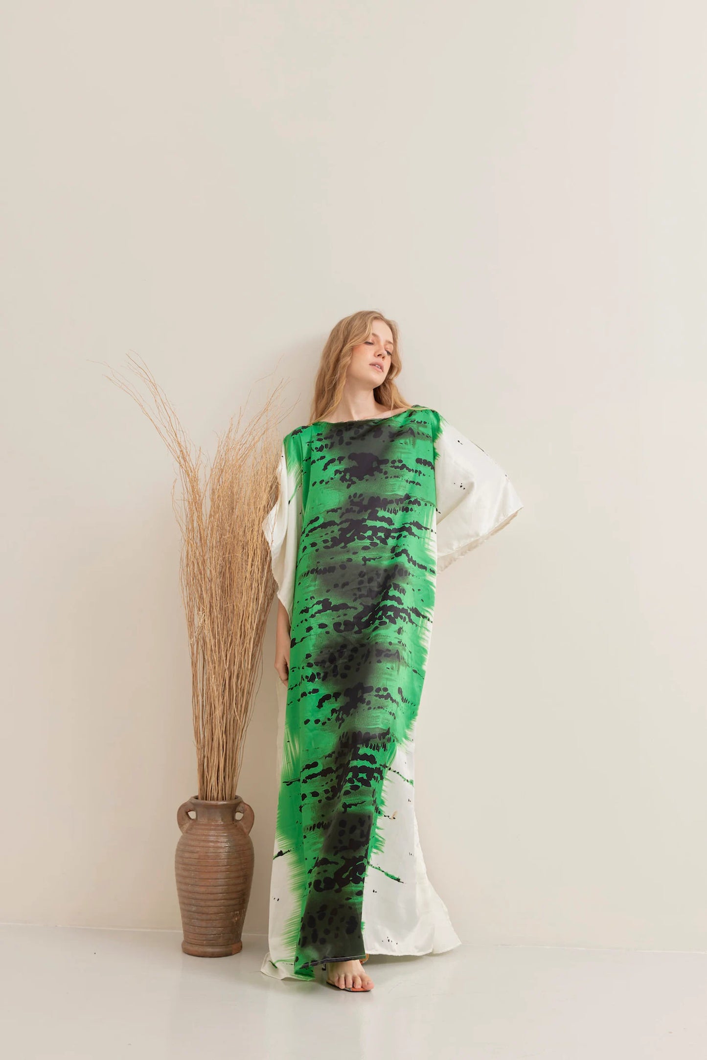 Abstract Green Brush Line Silk Kaftan Full Length Summer Dress