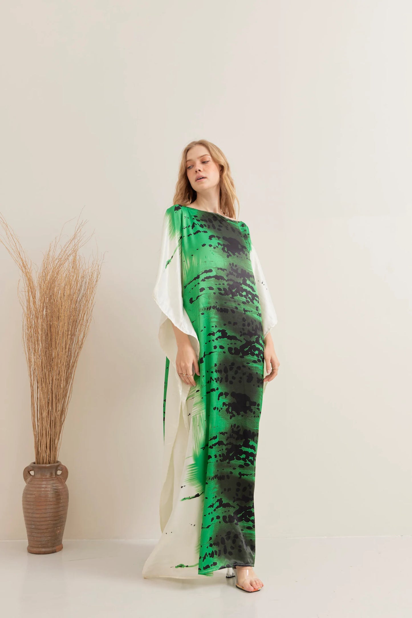 Abstract Green Brush Line Silk Kaftan Full Length Summer Dress