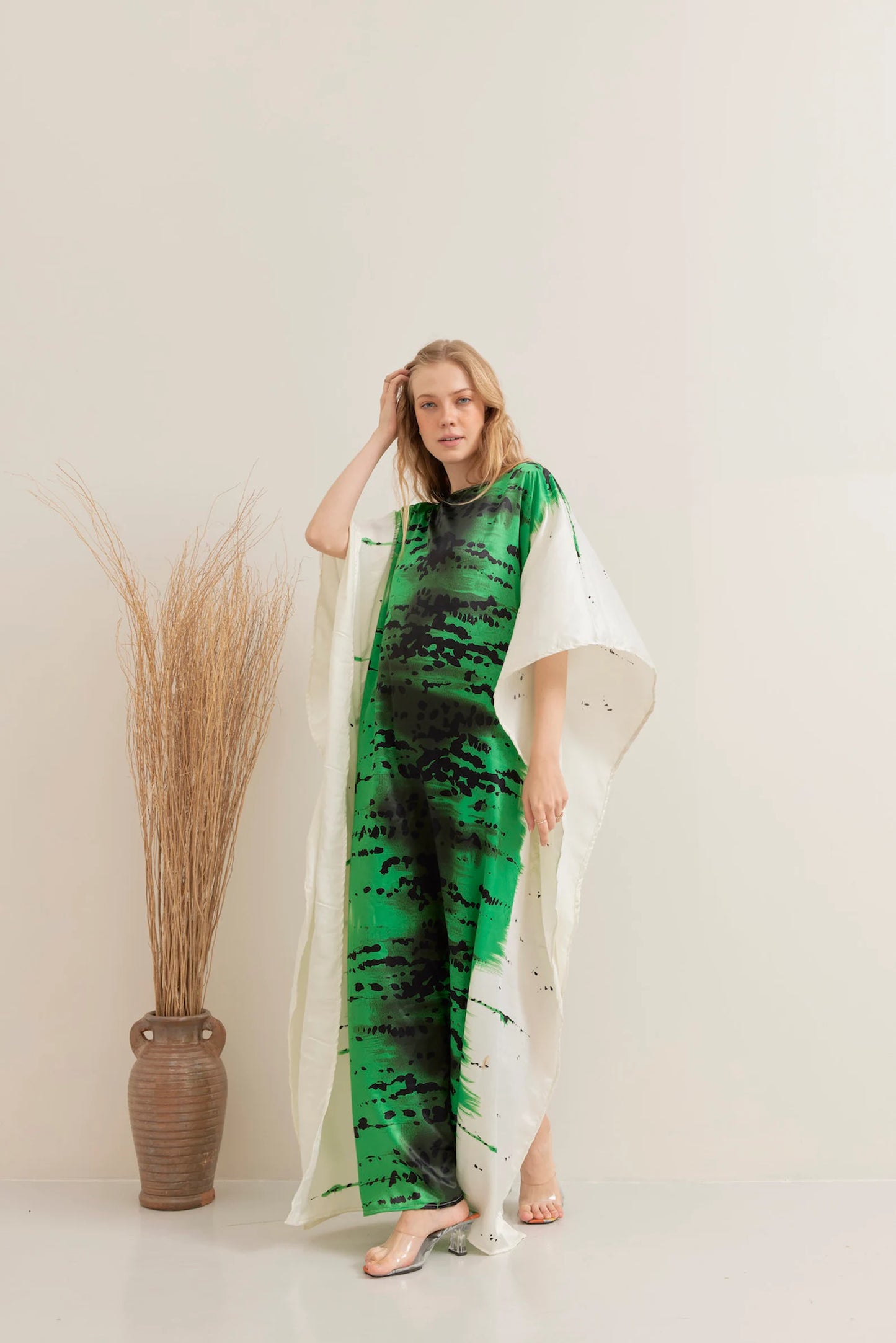 Abstract Green Brush Line Silk Kaftan Full Length Summer Dress