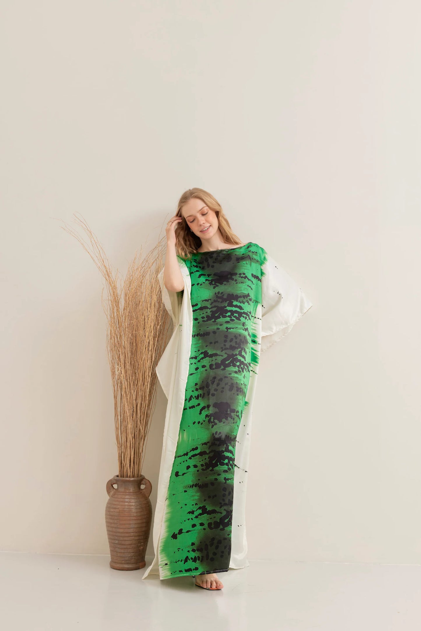 Abstract Green Brush Line Silk Kaftan Full Length Summer Dress