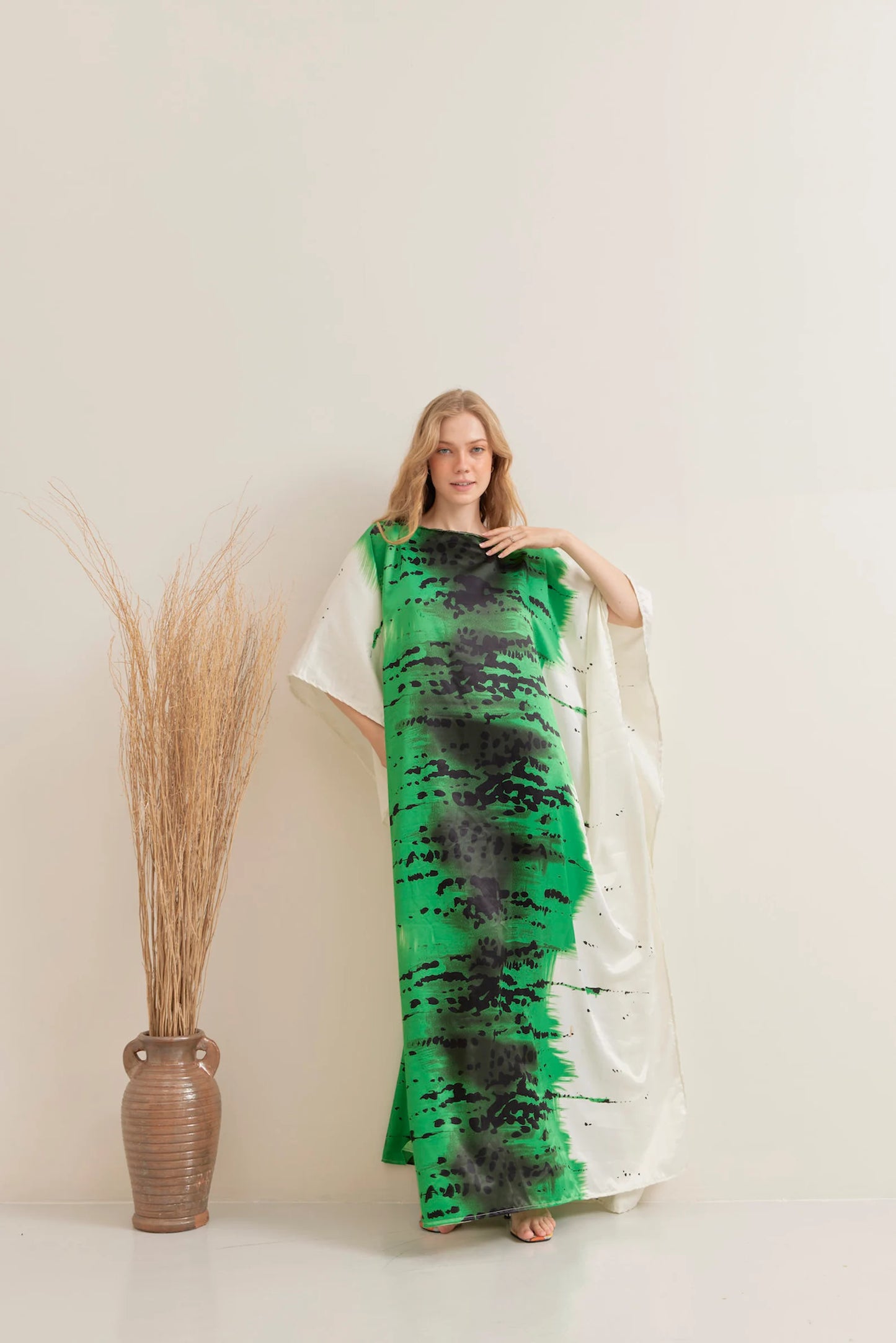 Abstract Green Brush Line Silk Kaftan Full Length Summer Dress