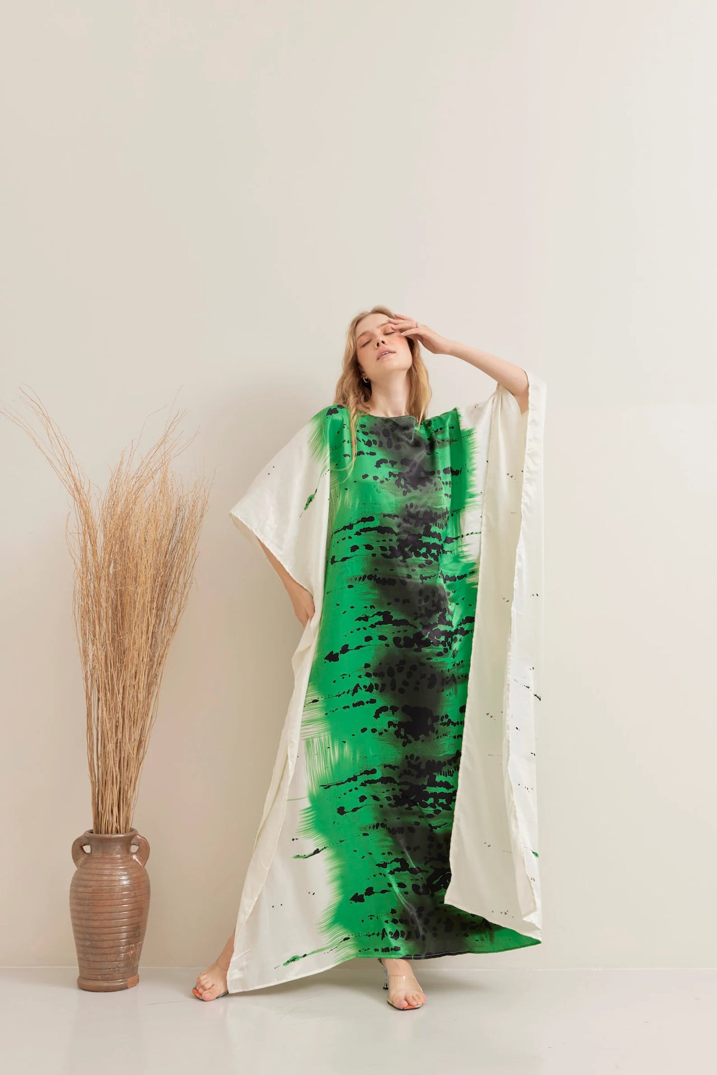 Abstract Green Brush Line Silk Kaftan Full Length Summer Dress