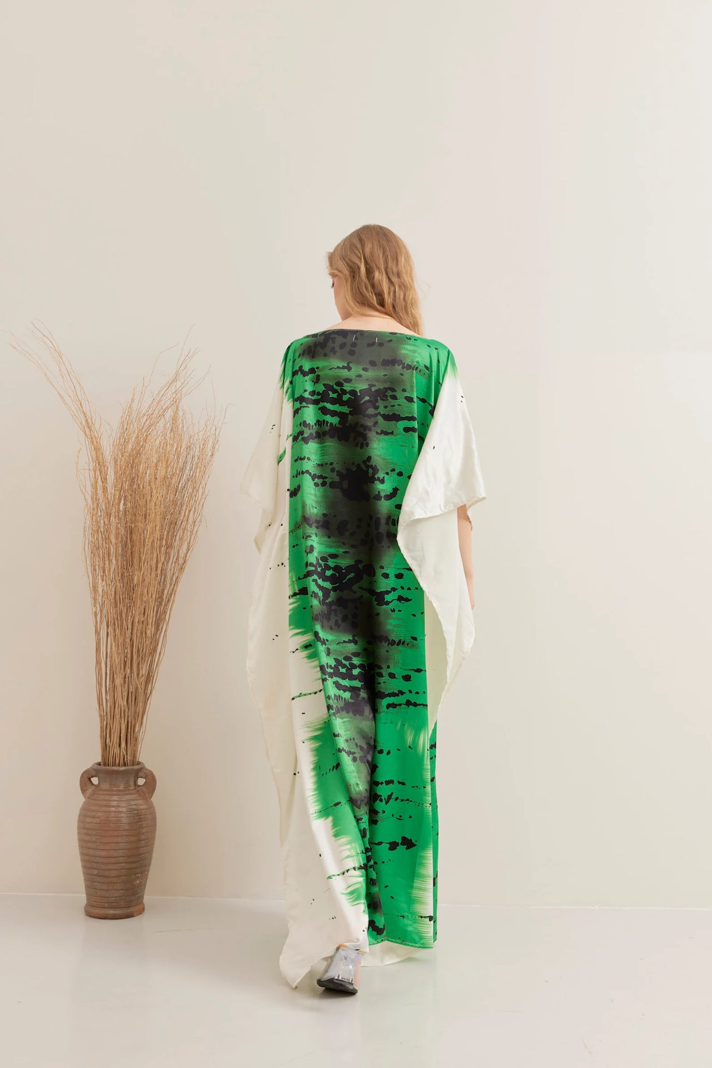 Abstract Green Brush Line Silk Kaftan Full Length Summer Dress