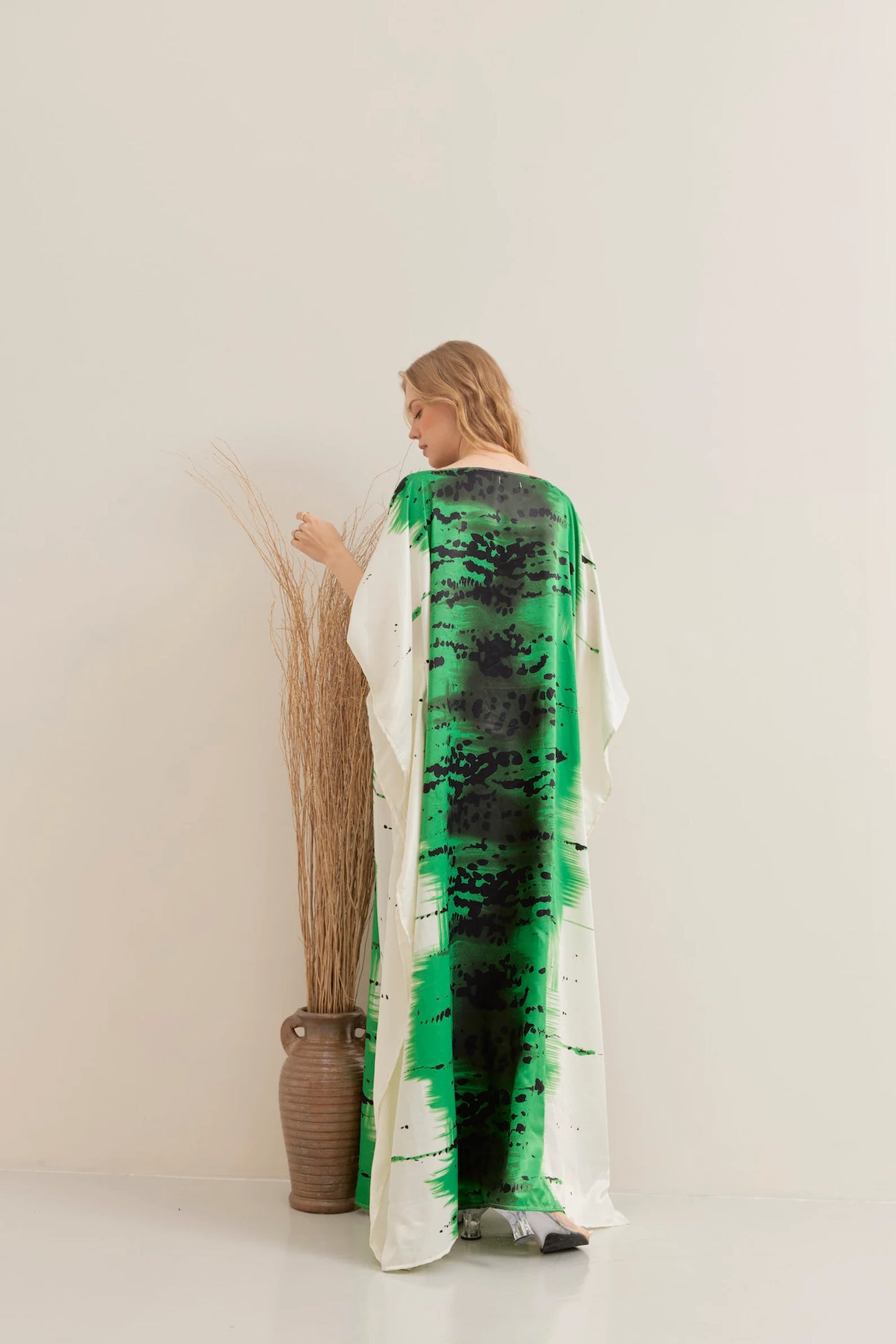 Abstract Green Brush Line Silk Kaftan Full Length Summer Dress