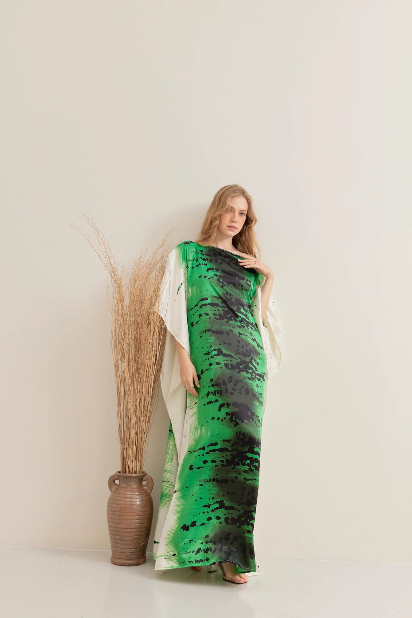 Abstract Green Brush Line Silk Kaftan Full Length Summer Dress