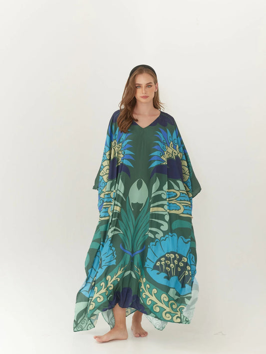 Abstract Silk Dark Green Floral Summer dress Kaftan Plus Size Caftan Resort Wear