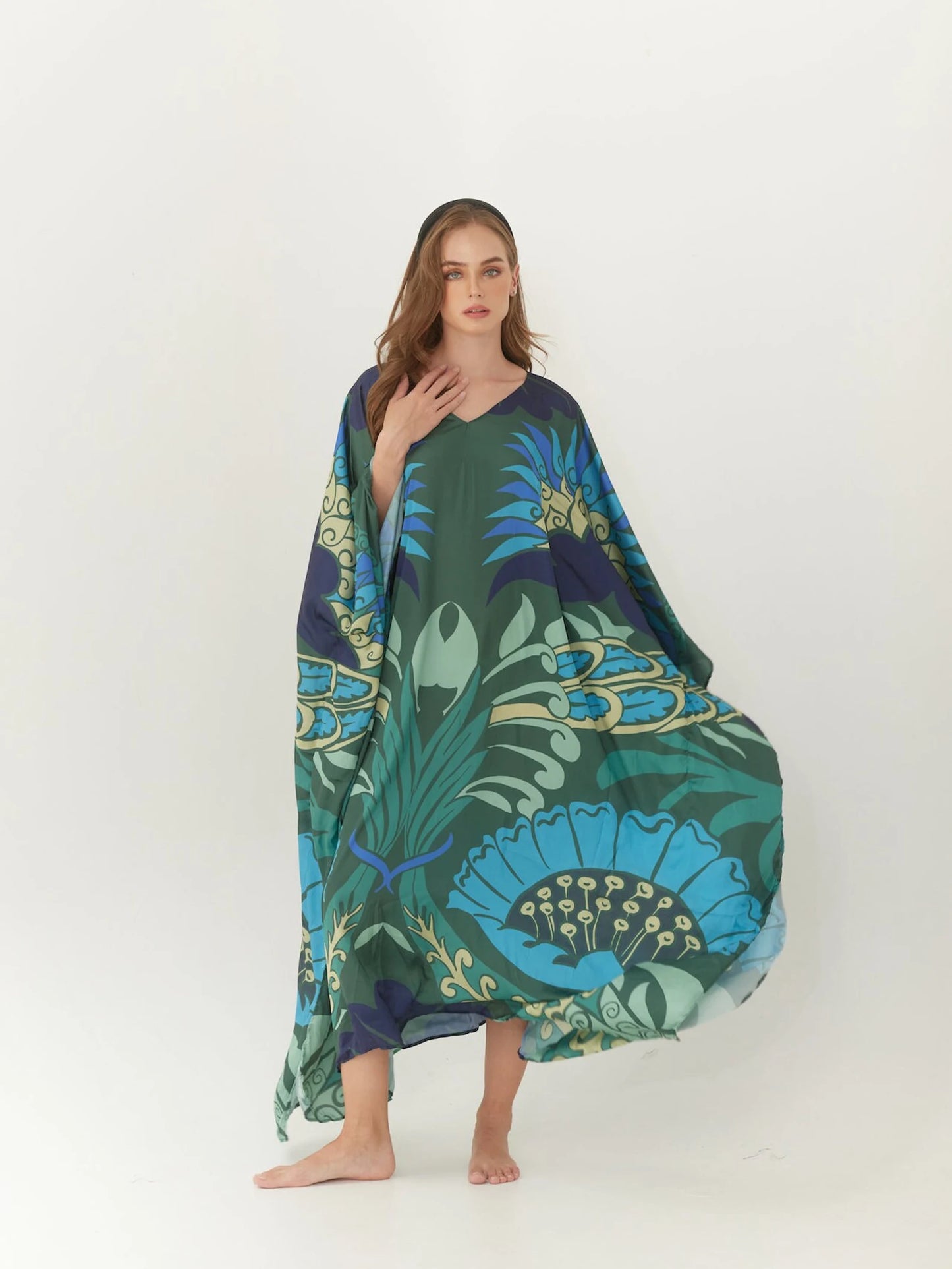 Abstract Silk Dark Green Floral Summer dress Kaftan Plus Size Caftan Resort Wear