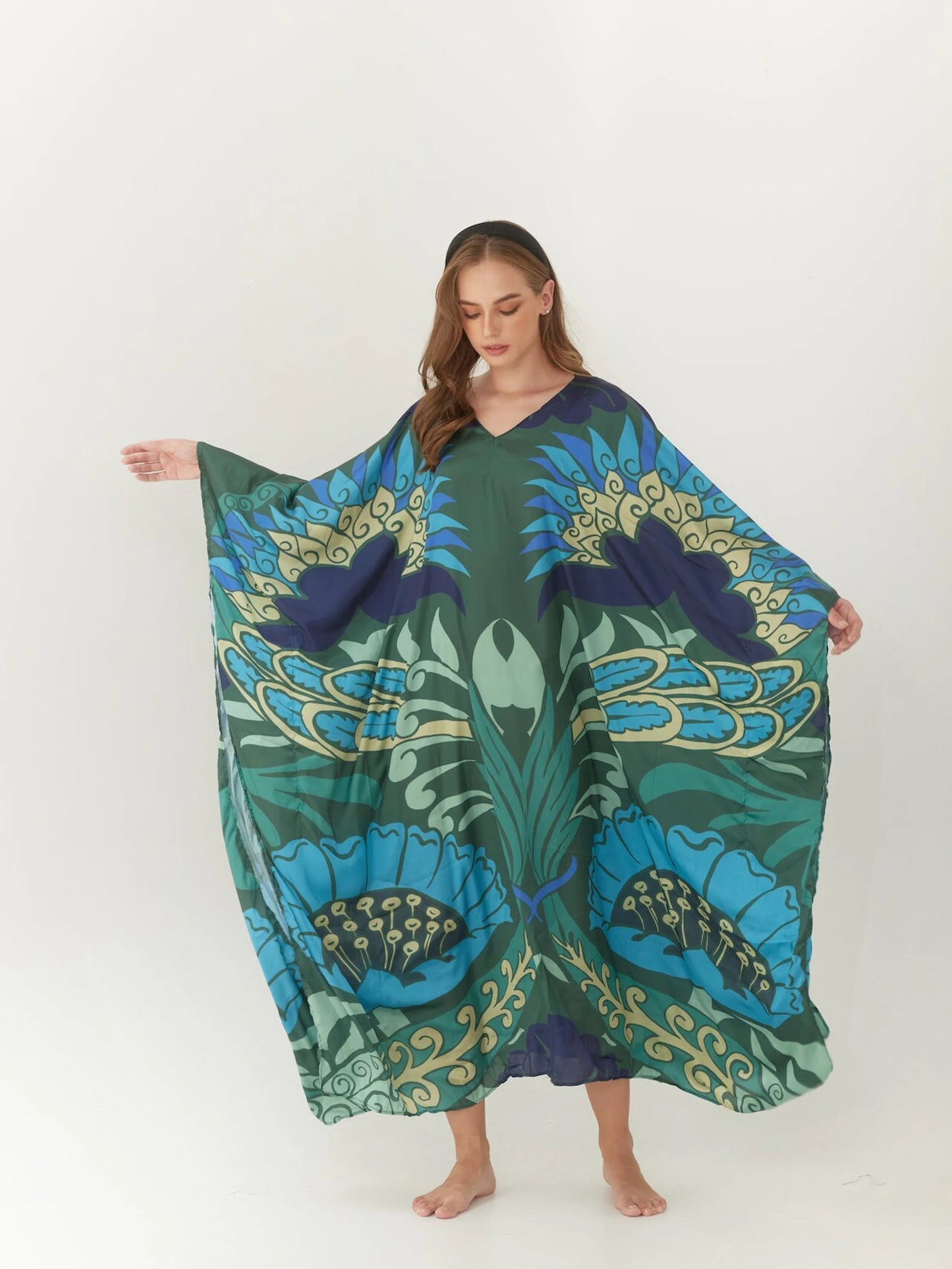 Abstract Silk Dark Green Floral Summer dress Kaftan Plus Size Caftan Resort Wear