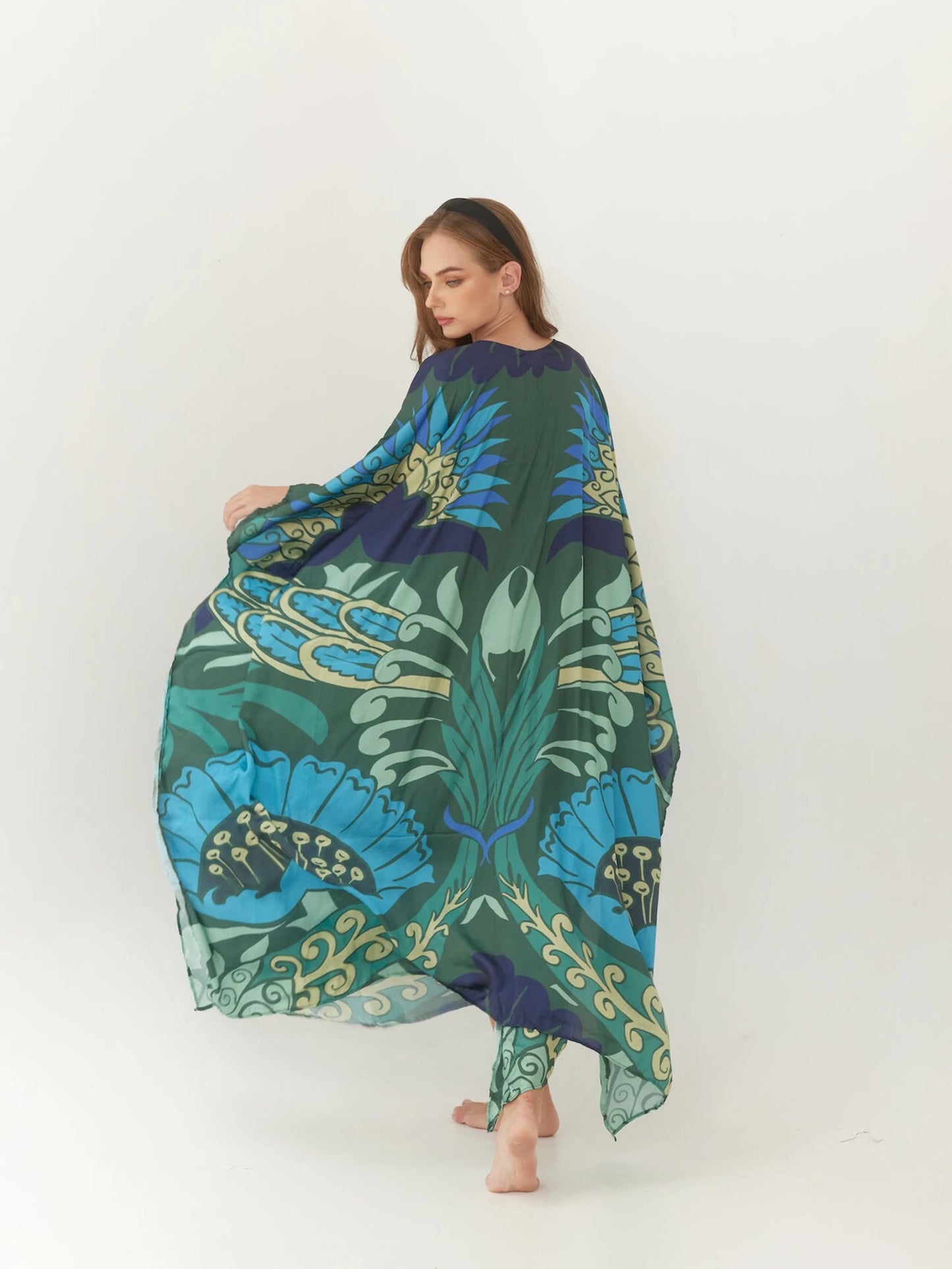 Abstract Silk Dark Green Floral Summer dress Kaftan Plus Size Caftan Resort Wear