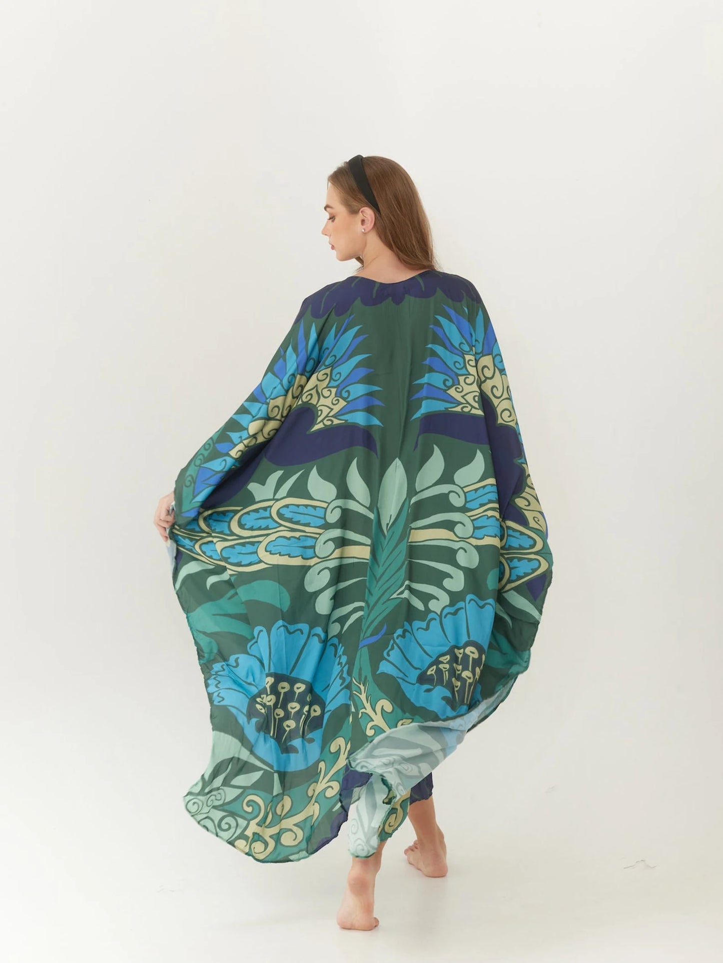 Abstract Silk Dark Green Floral Summer dress Kaftan Plus Size Caftan Resort Wear