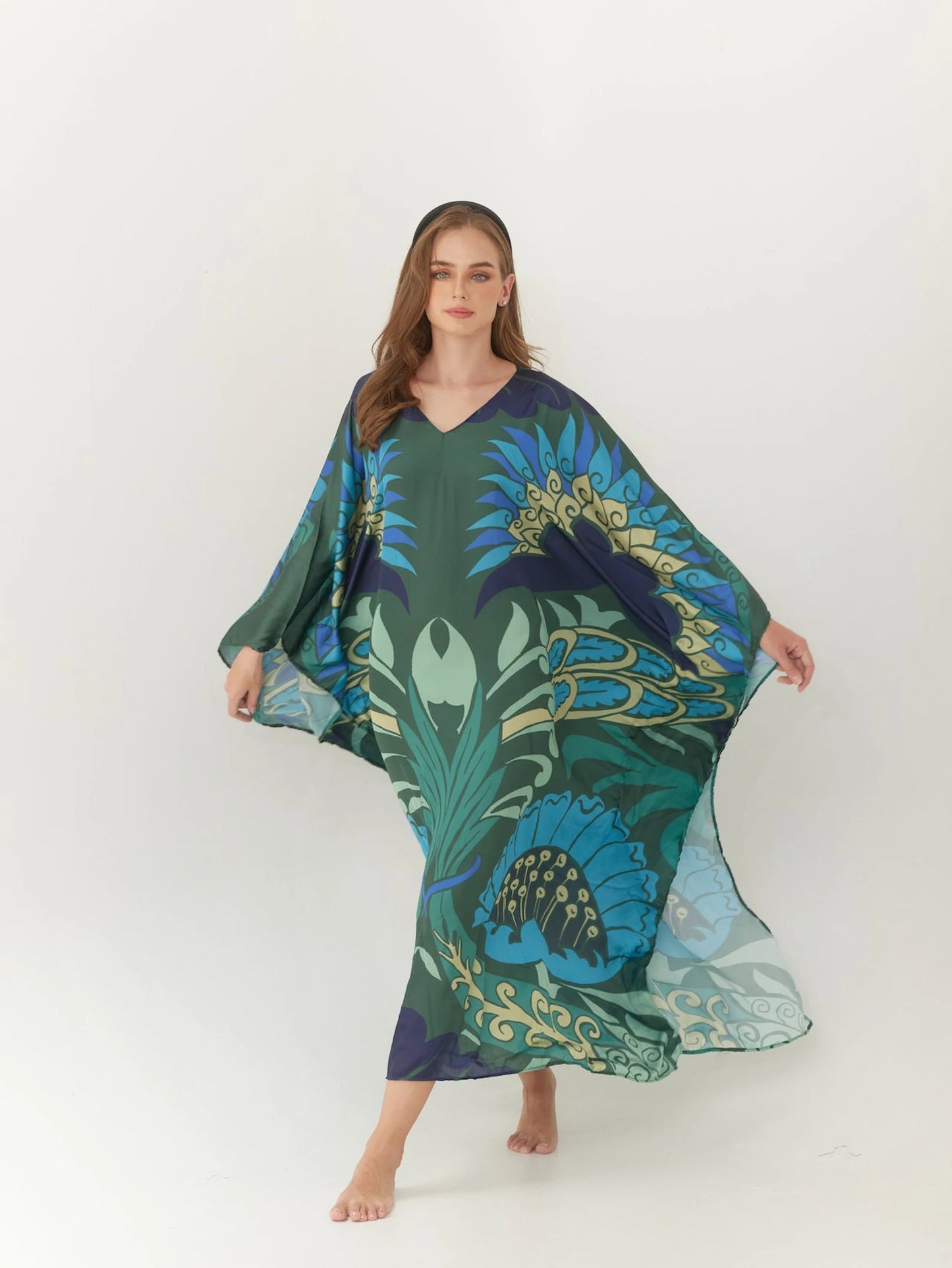 Abstract Silk Dark Green Floral Summer dress Kaftan Plus Size Caftan Resort Wear