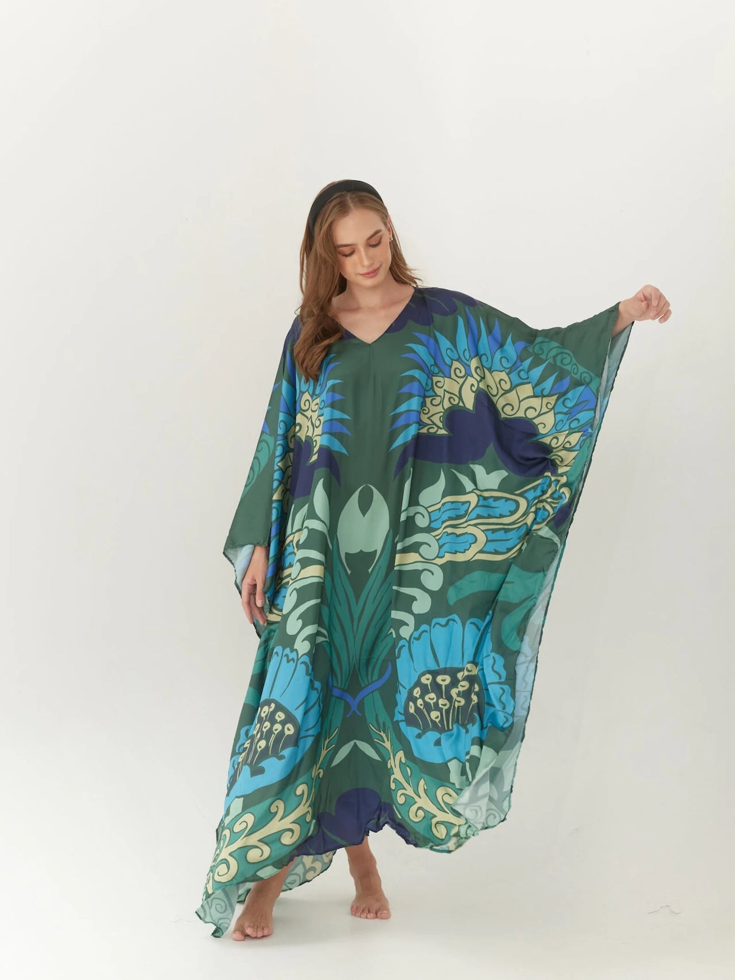 Abstract Silk Dark Green Floral Summer dress Kaftan Plus Size Caftan Resort Wear