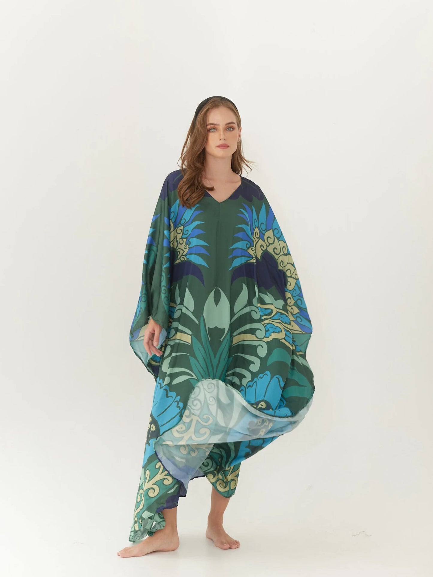 Abstract Silk Dark Green Floral Summer dress Kaftan Plus Size Caftan Resort Wear