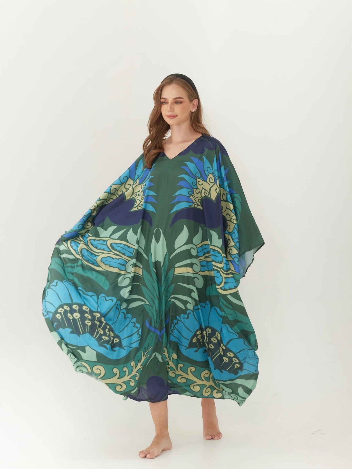 Abstract Silk Dark Green Floral Summer dress Kaftan Plus Size Caftan Resort Wear