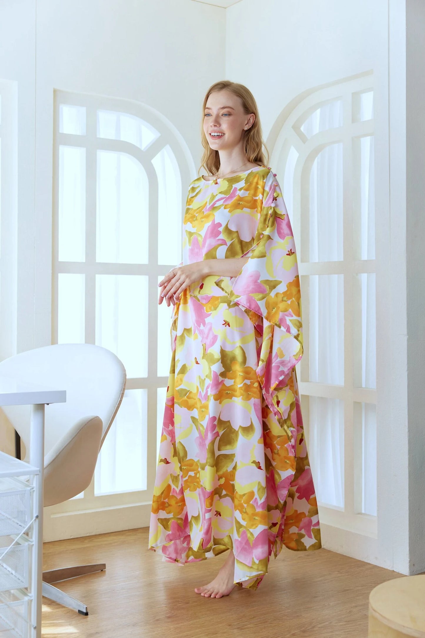 Baby Pink Green Floral Button at Shoulder Kaftan Pajamas Women Silk Plus Size