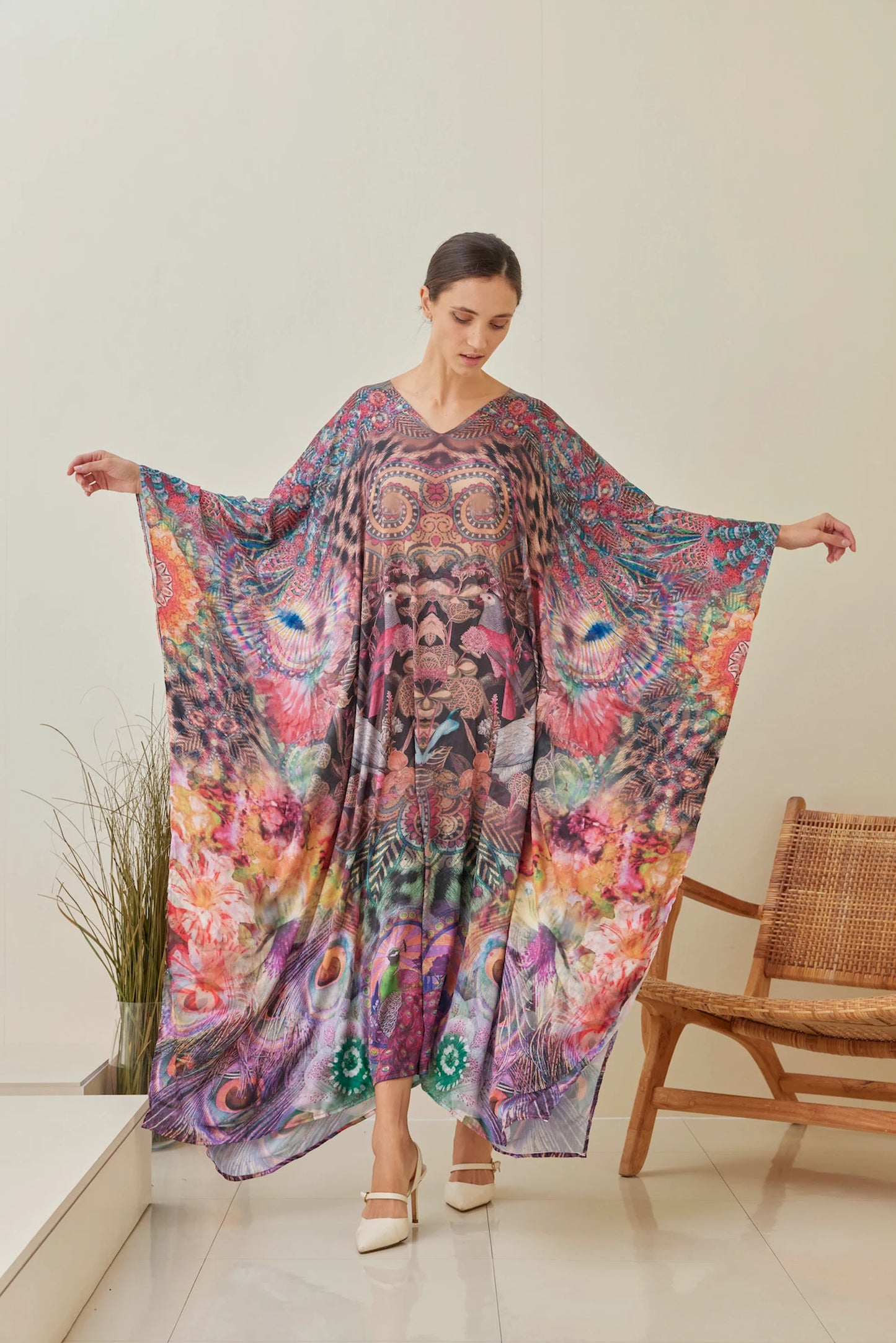 Bird Peacock Silk Brown Kaftan Vintage Boho New Designer Maxi Dress