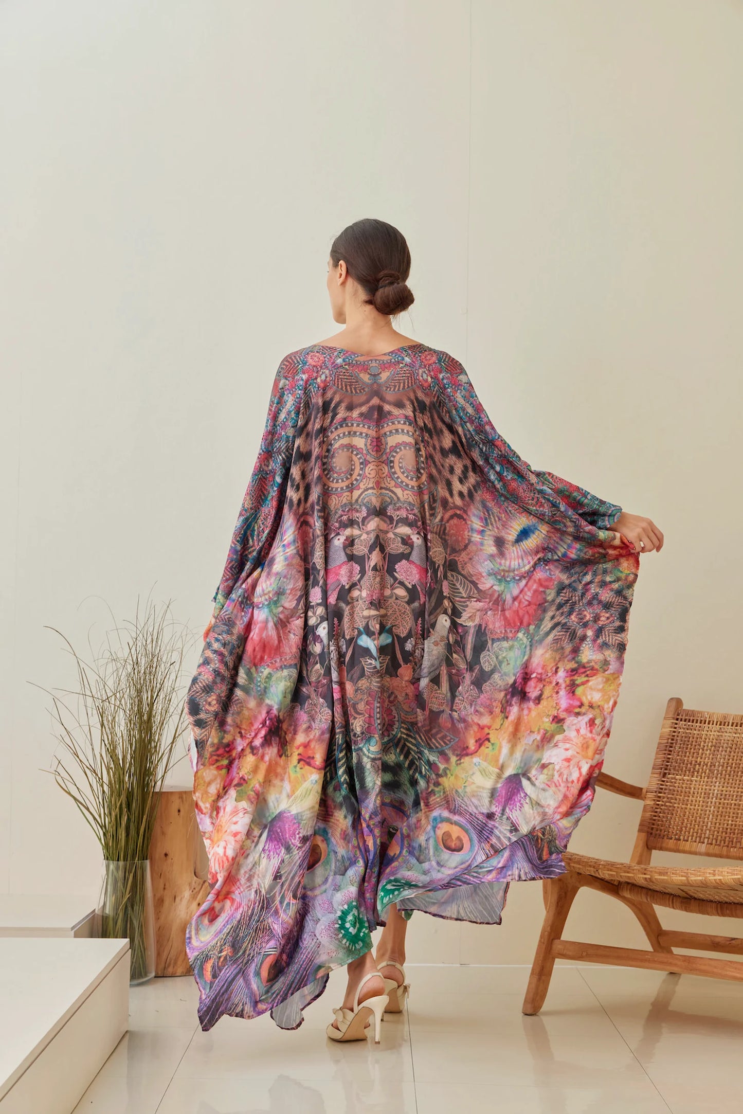 Bird Peacock Silk Brown Kaftan Vintage Boho New Designer Maxi Dress