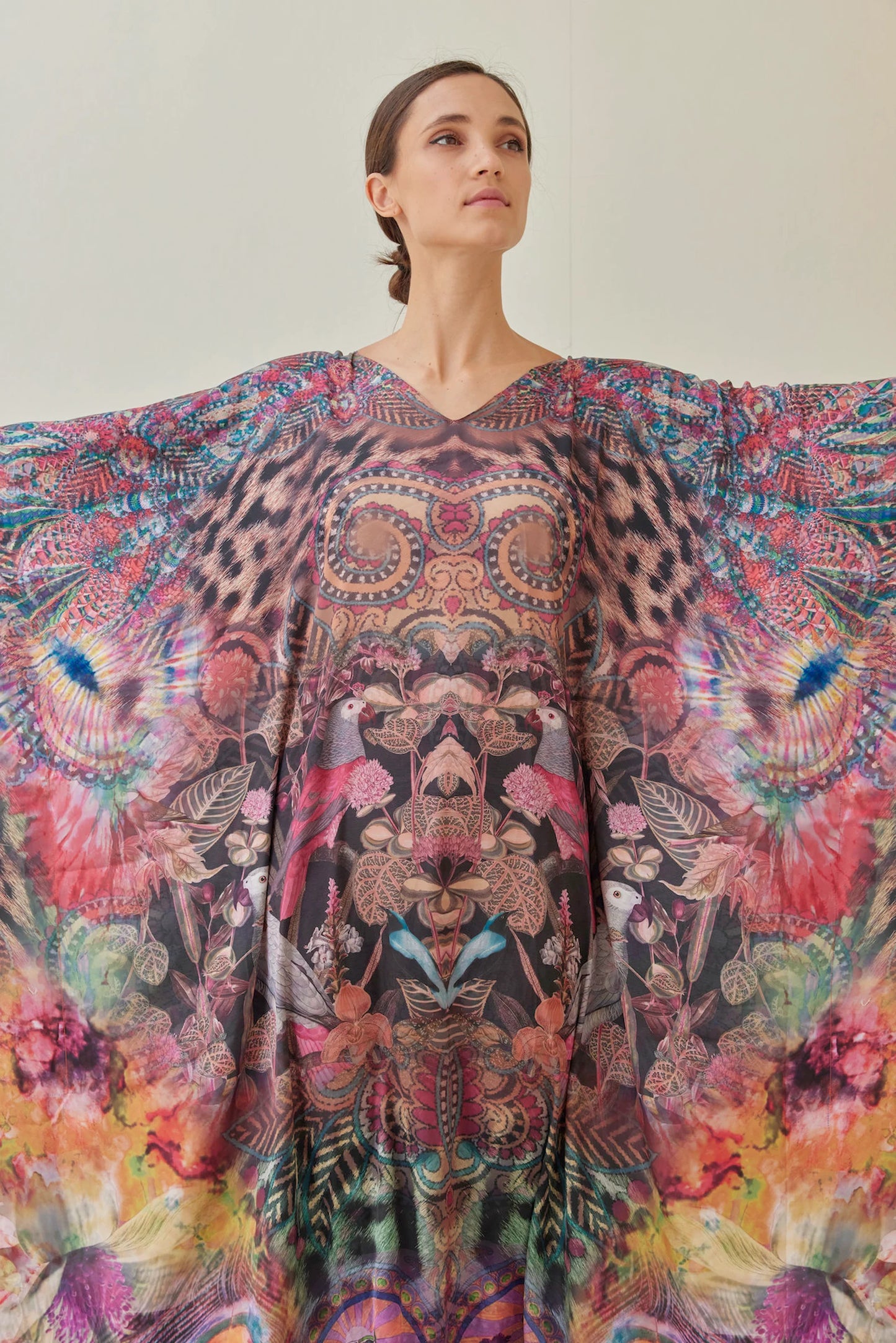 Bird Peacock Silk Brown Kaftan Vintage Boho New Designer Maxi Dress