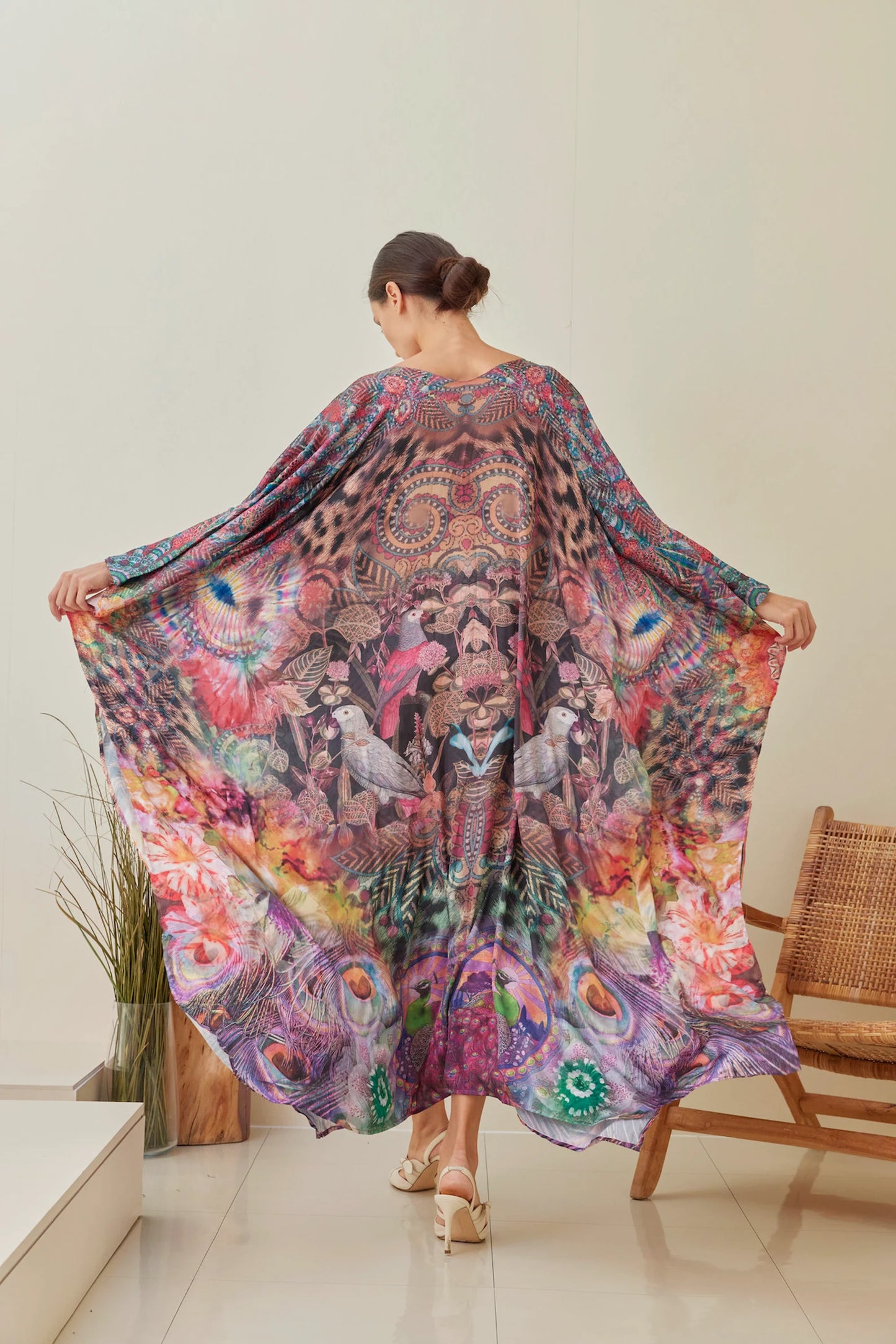 Bird Peacock Silk Brown Kaftan Vintage Boho New Designer Maxi Dress