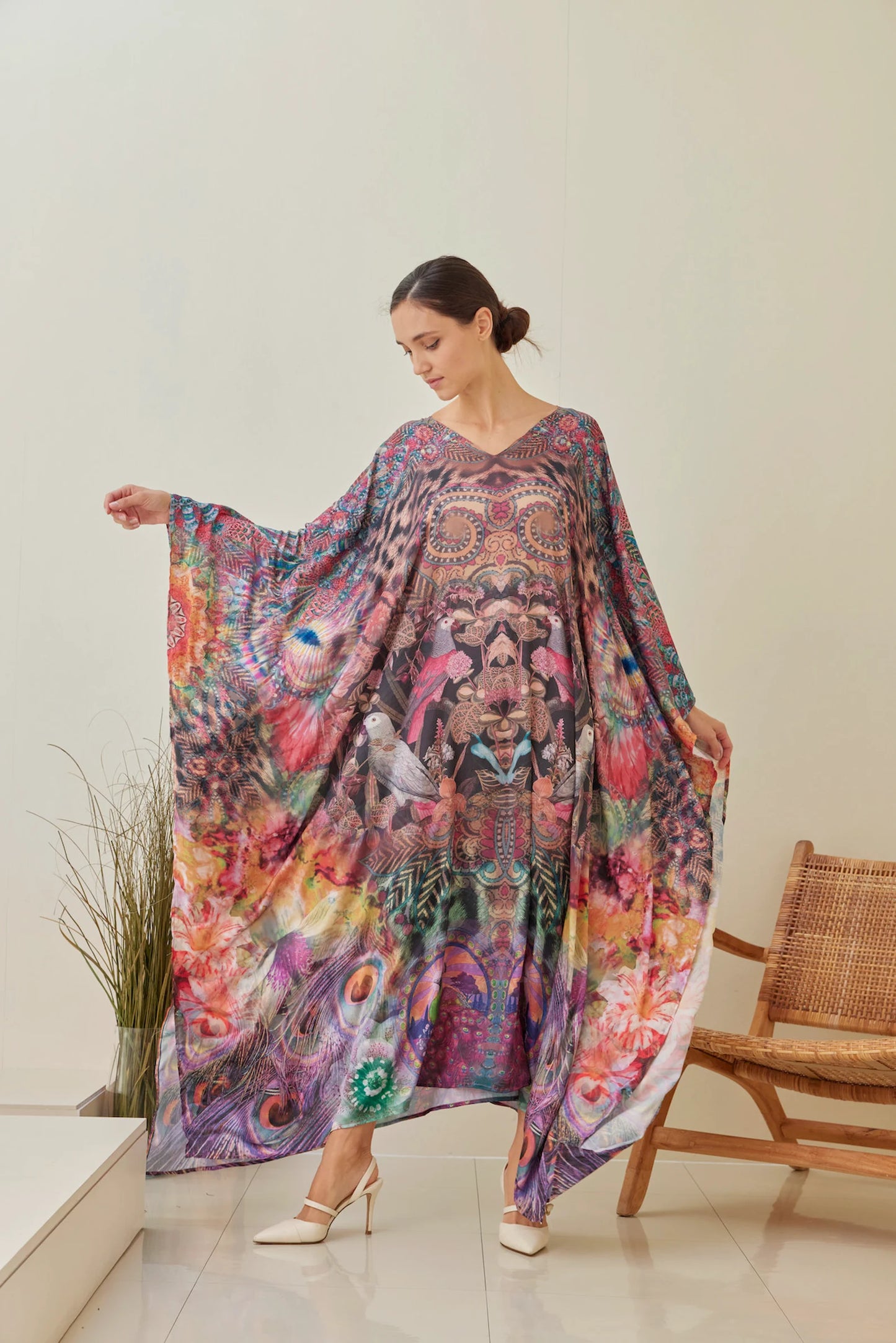 Bird Peacock Silk Brown Kaftan Vintage Boho New Designer Maxi Dress