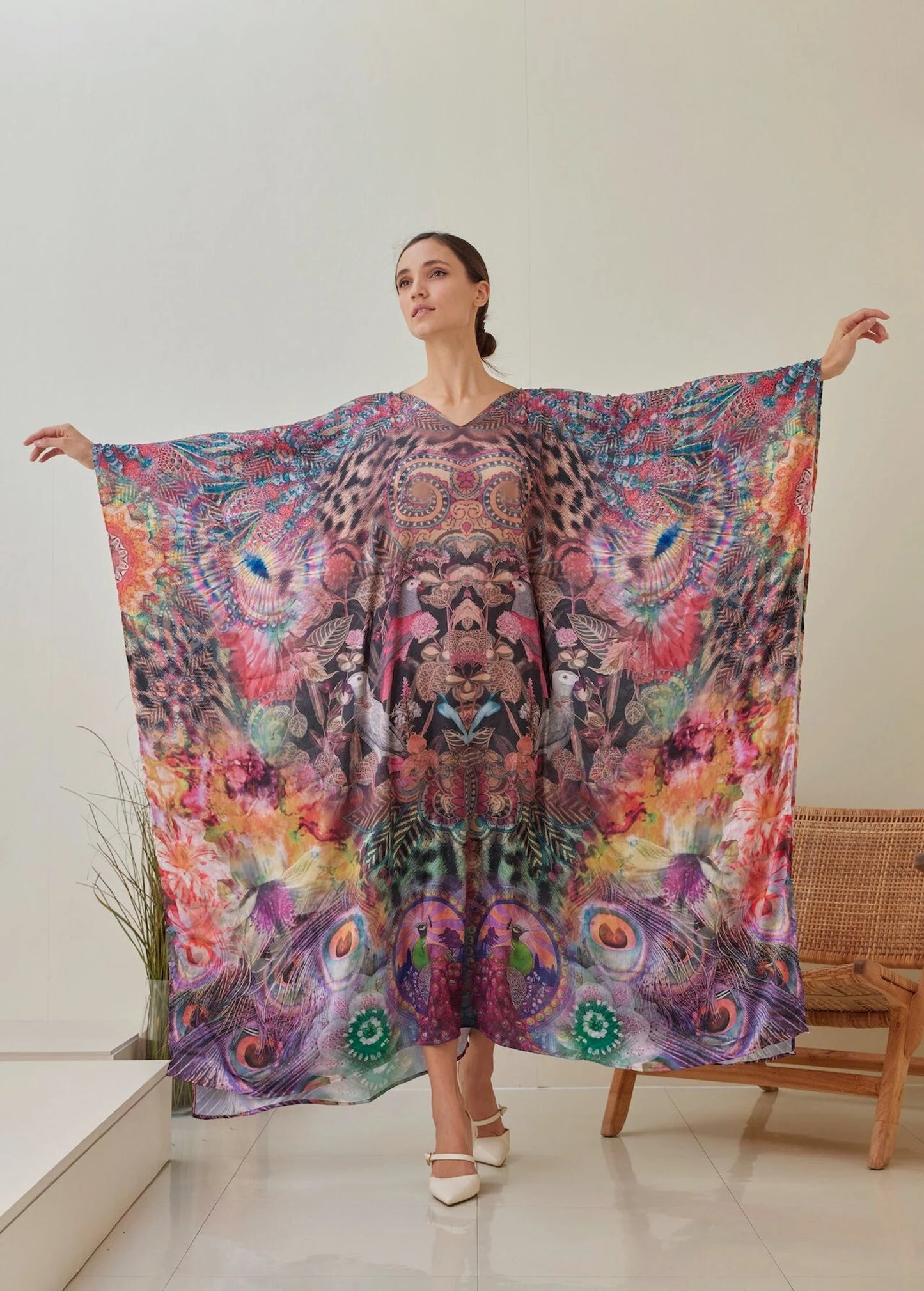 Bird Peacock Silk Brown Kaftan Vintage Boho New Designer Maxi Dress