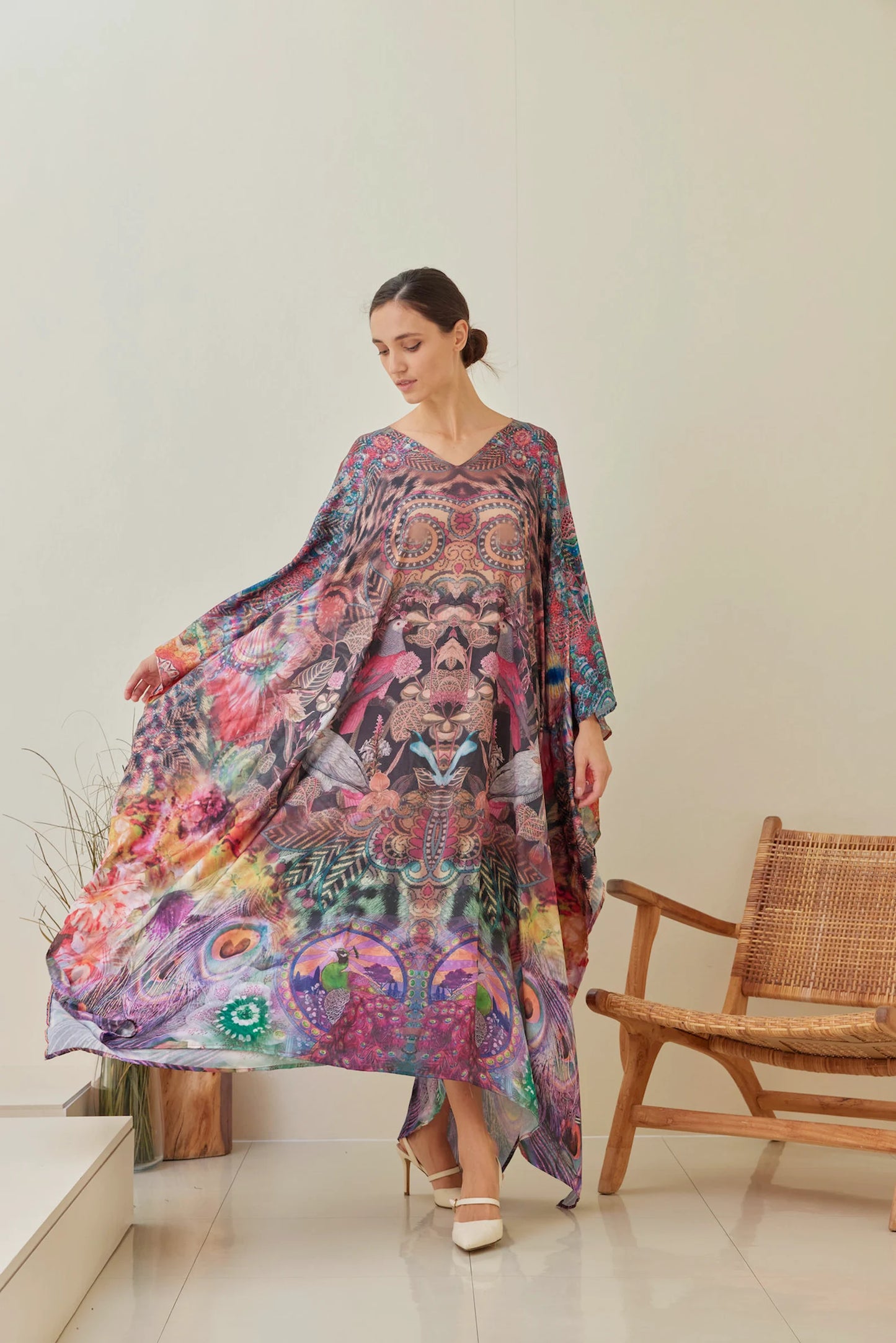 Bird Peacock Silk Brown Kaftan Vintage Boho New Designer Maxi Dress