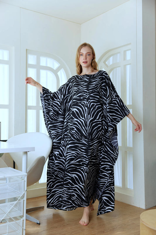 Black Zebra Animal Print Abstract Silk Kaftan Dress Women Silk Plus Size