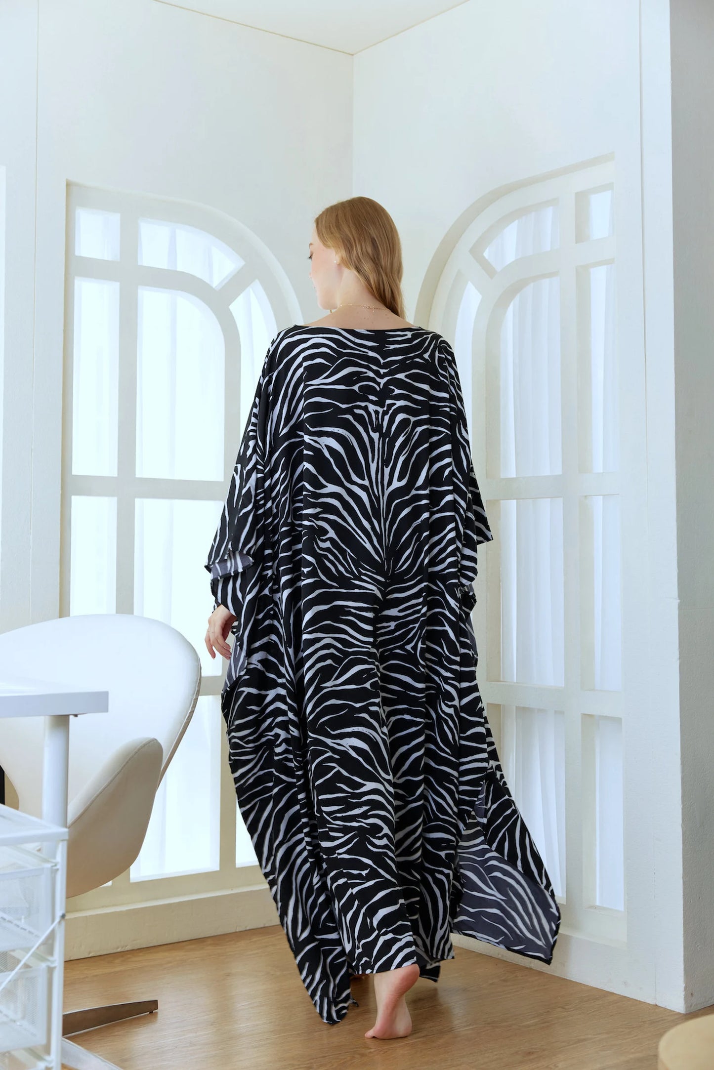 Black Zebra Animal Print Abstract Silk Kaftan Dress Women Silk Plus Size