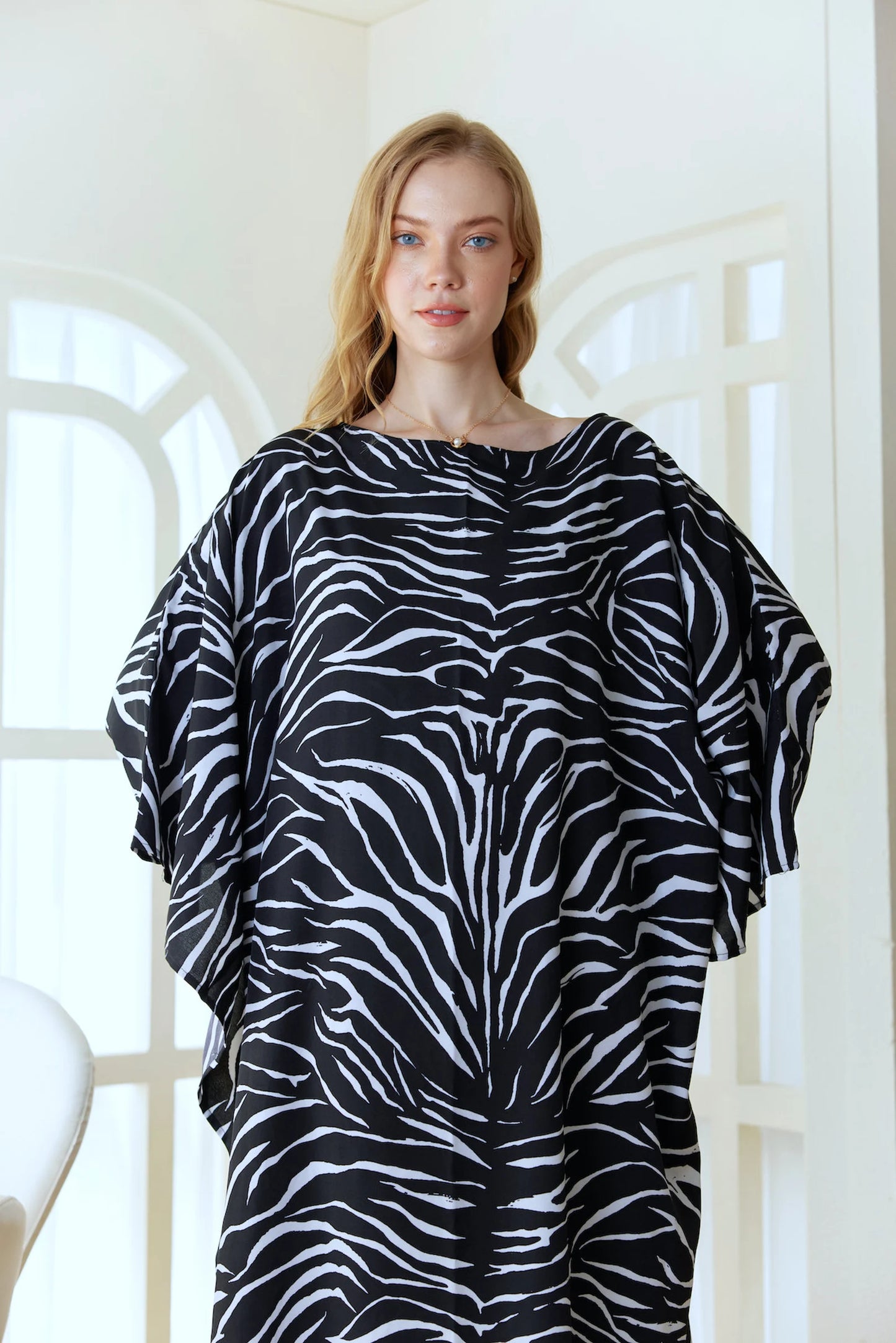 Black Zebra Animal Print Abstract Silk Kaftan Dress Women Silk Plus Size