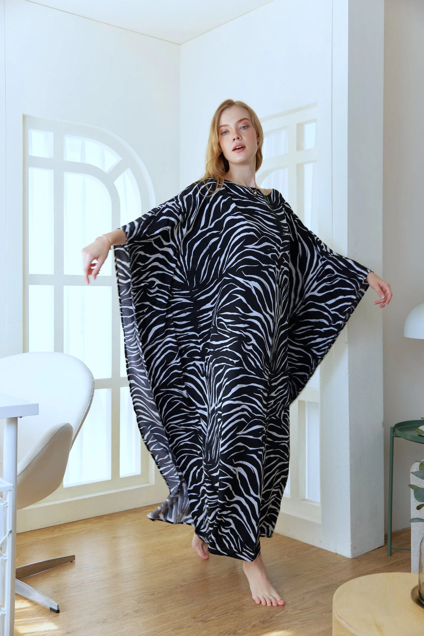 Black Zebra Animal Print Abstract Silk Kaftan Dress Women Silk Plus Size