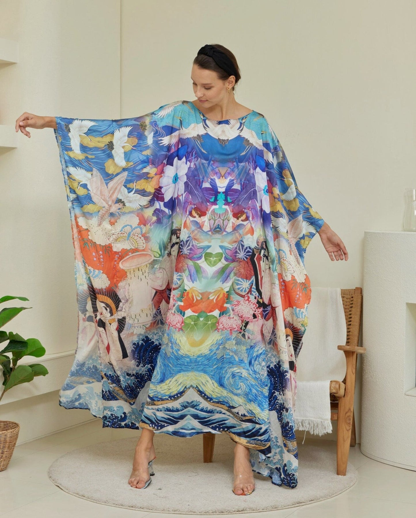 Blue Japanese Wave Abstract Silk Kaftan Gradient Oriental Floral Caftan Full Length