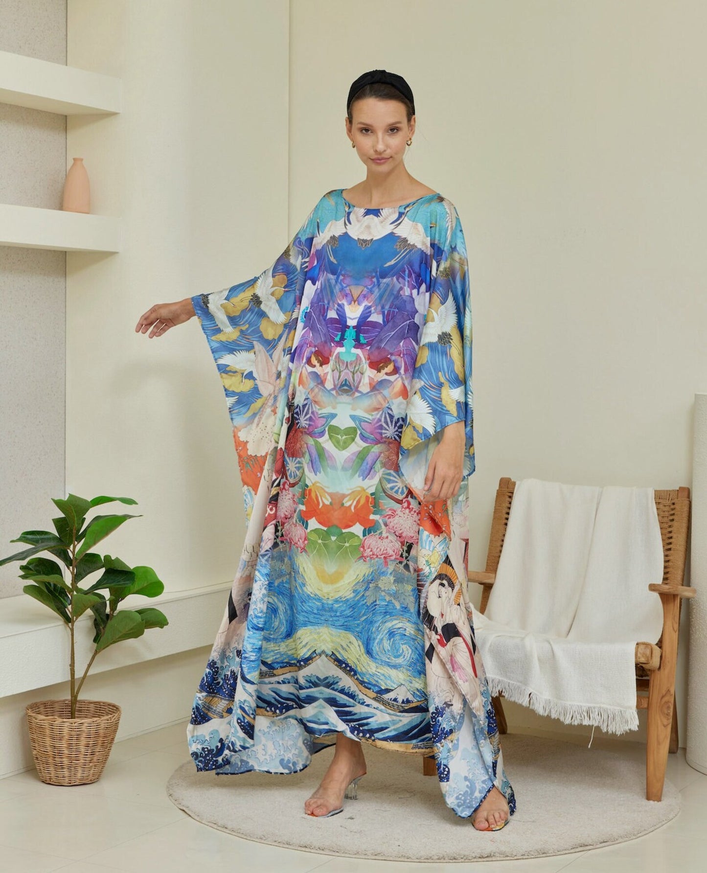 Blue Japanese Wave Abstract Silk Kaftan Gradient Oriental Floral Caftan Full Length