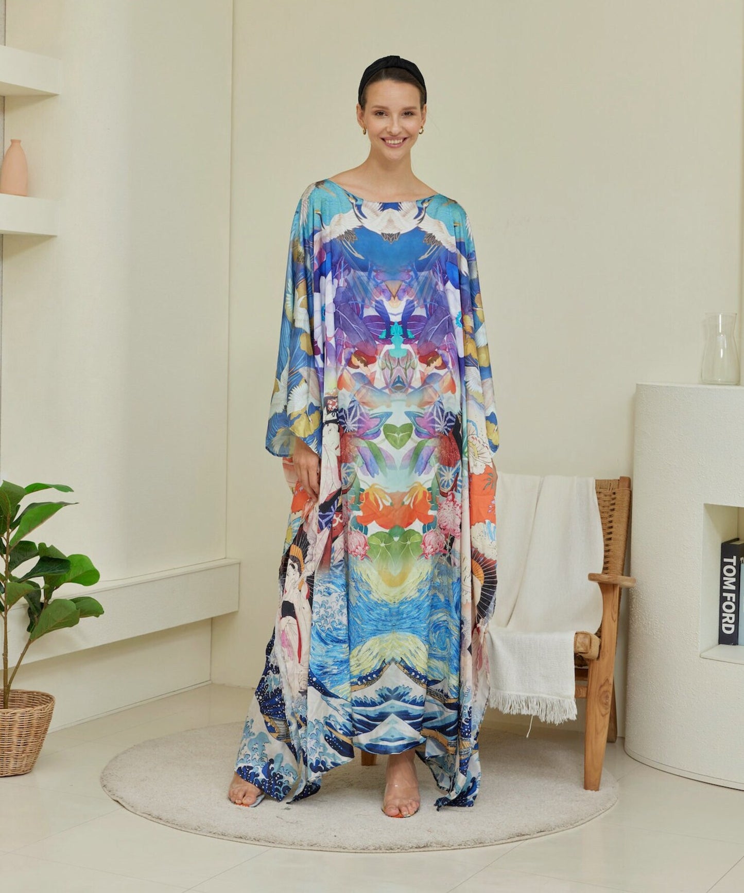 Blue Japanese Wave Abstract Silk Kaftan Gradient Oriental Floral Caftan Full Length