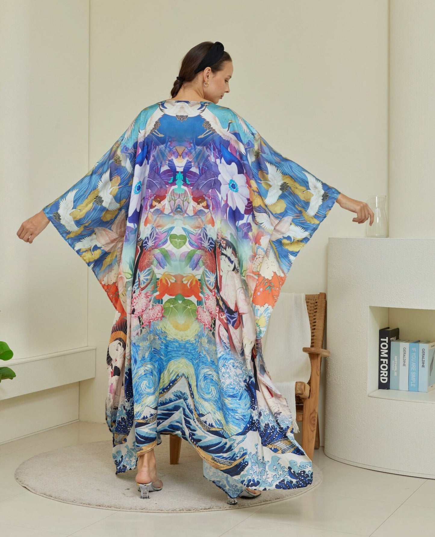 Blue Japanese Wave Abstract Silk Kaftan Gradient Oriental Floral Caftan Full Length