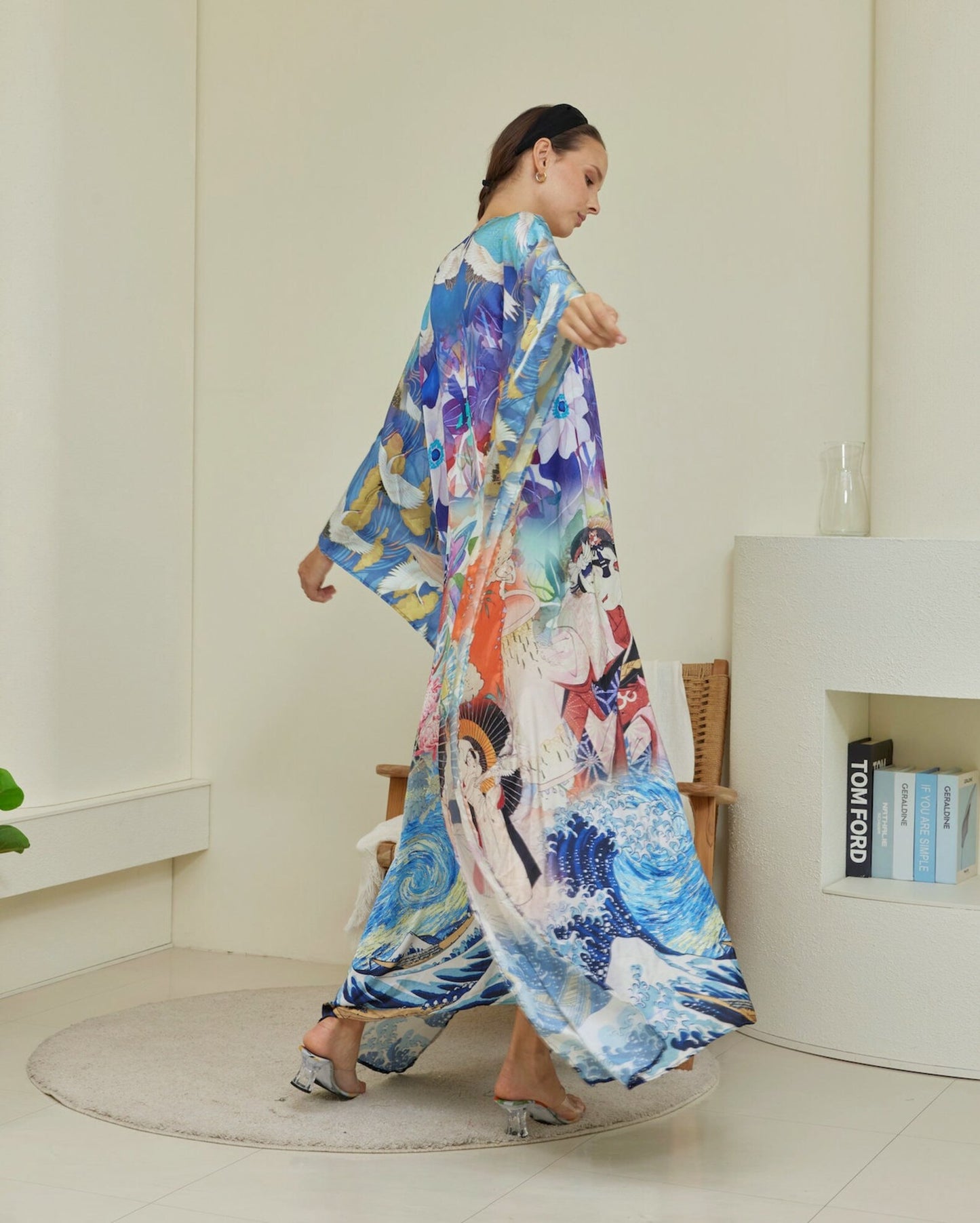 Blue Japanese Wave Abstract Silk Kaftan Gradient Oriental Floral Caftan Full Length