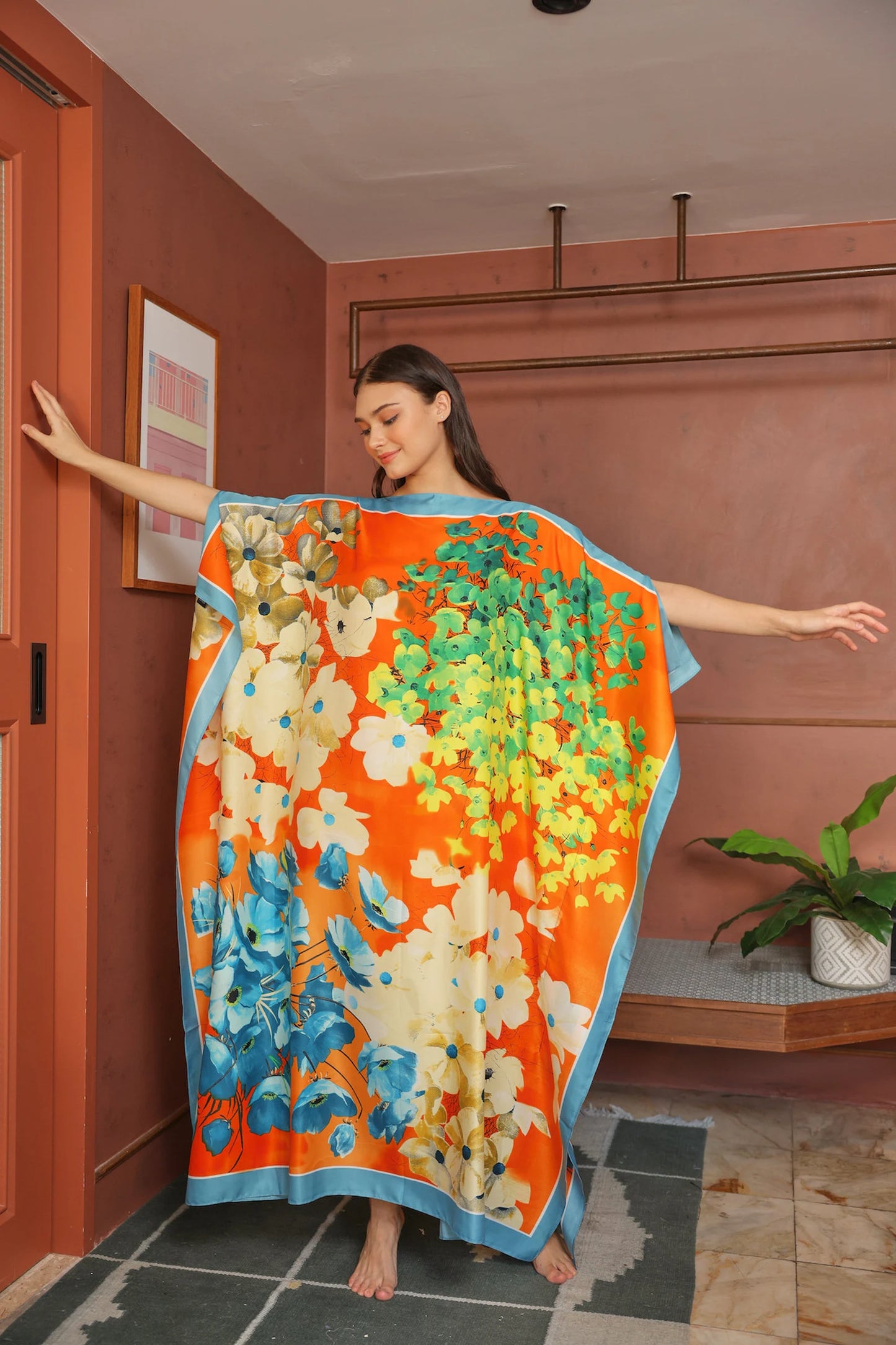 Blue Orange Kaftan Luxury Silk Modest Bright Caftan Floral Dress