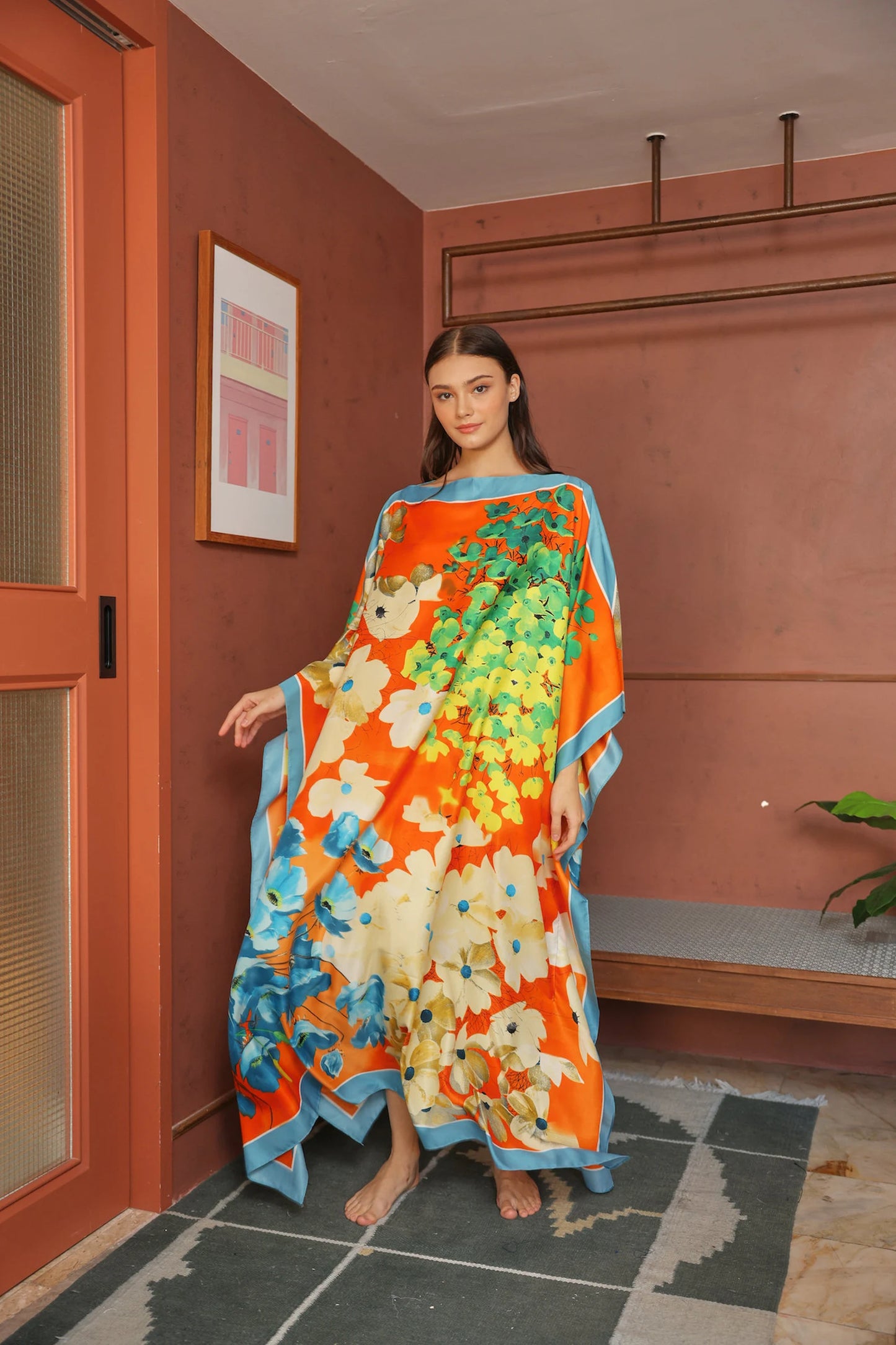 Blue Orange Kaftan Luxury Silk Modest Bright Caftan Floral Dress