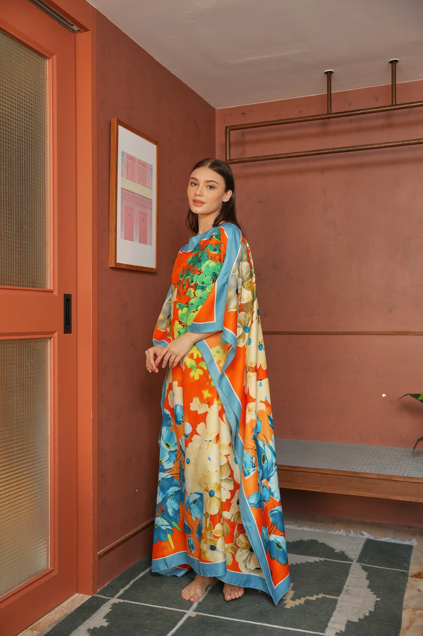 Blue Orange Kaftan Luxury Silk Modest Bright Caftan Floral Dress