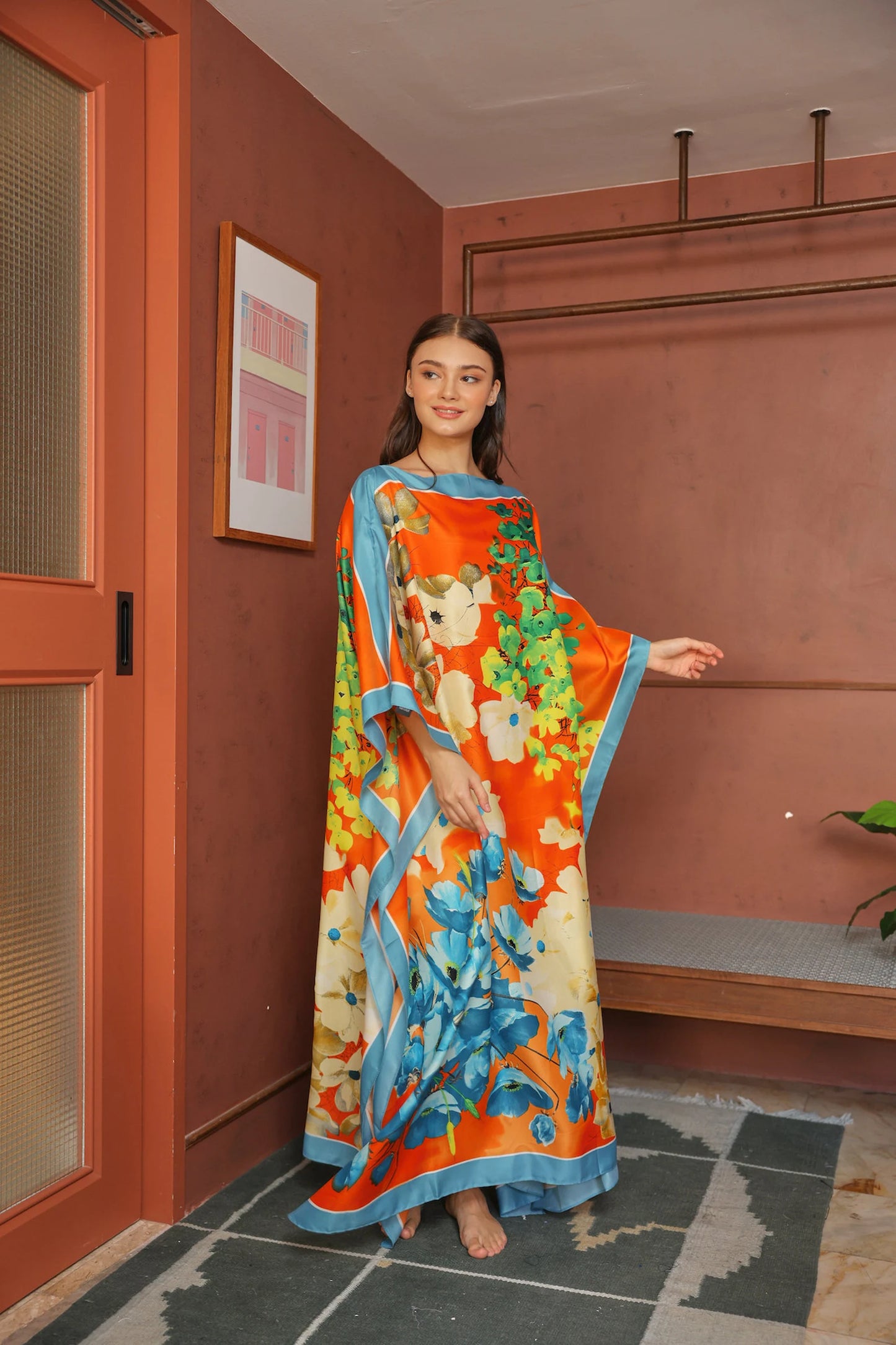 Blue Orange Kaftan Luxury Silk Modest Bright Caftan Floral Dress