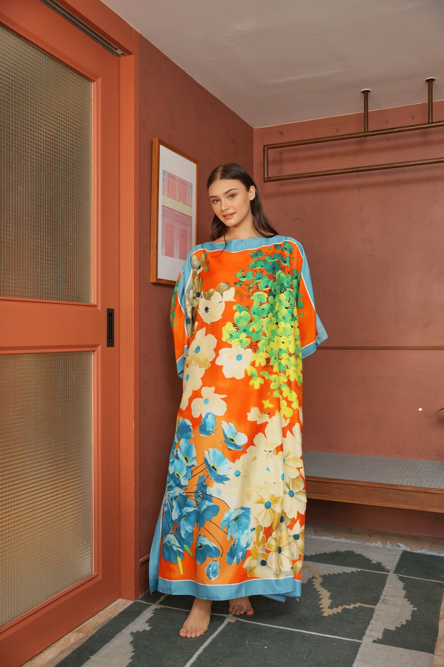 Blue Orange Kaftan Luxury Silk Modest Bright Caftan Floral Dress