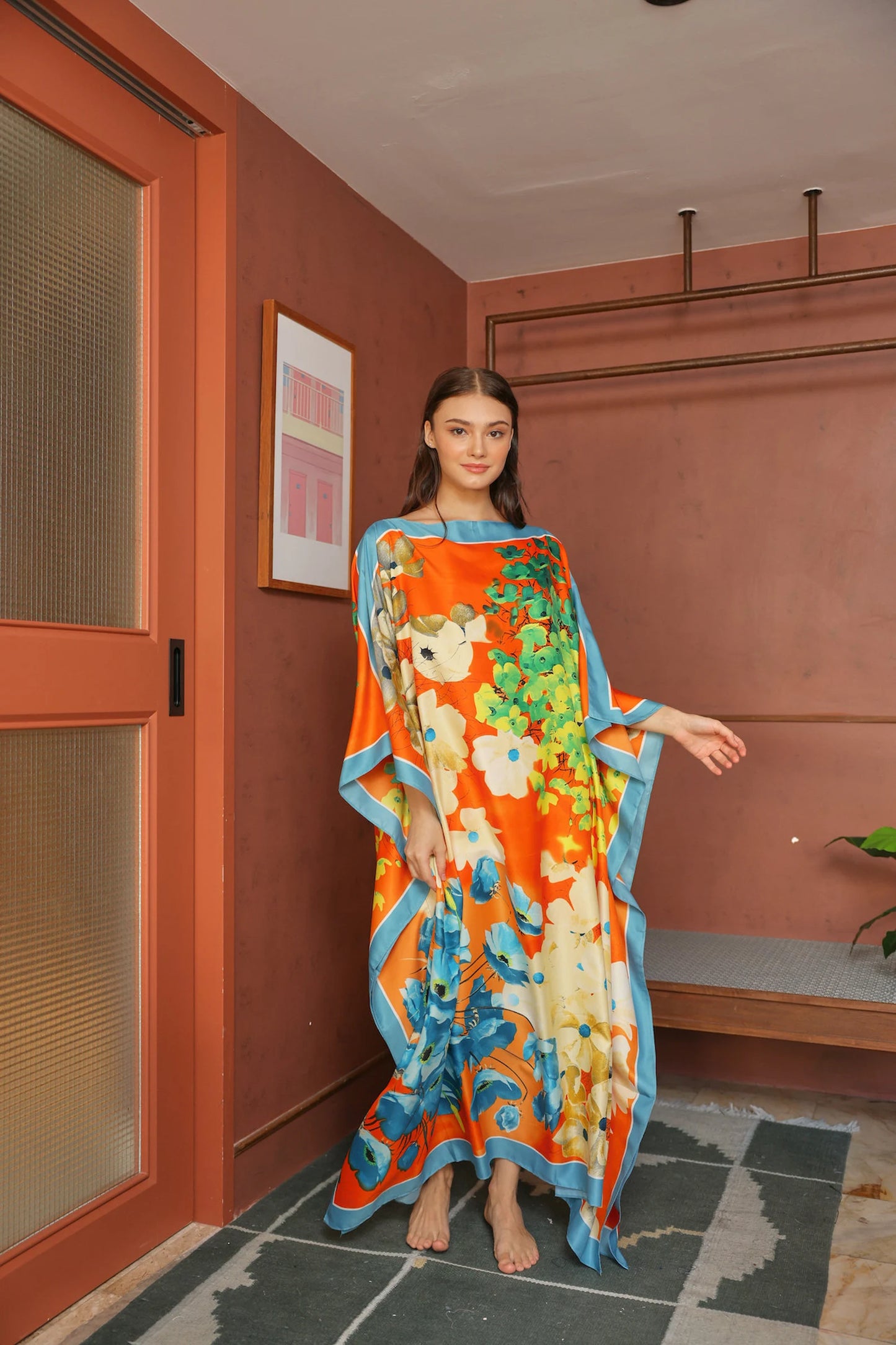 Blue Orange Kaftan Luxury Silk Modest Bright Caftan Floral Dress