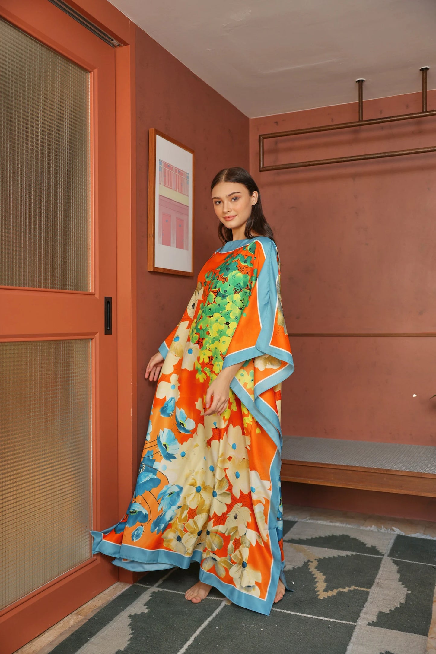 Blue Orange Kaftan Luxury Silk Modest Bright Caftan Floral Dress