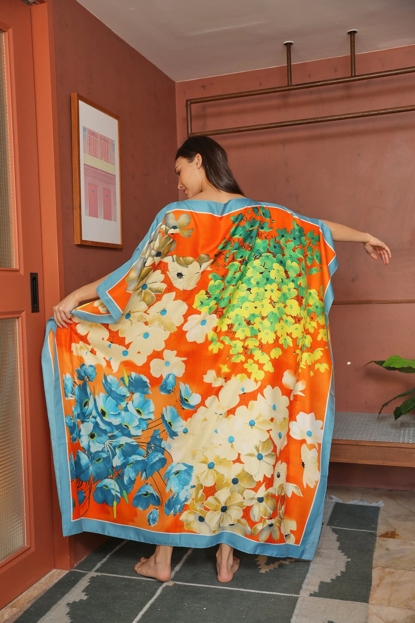 Blue Orange Kaftan Luxury Silk Modest Bright Caftan Floral Dress