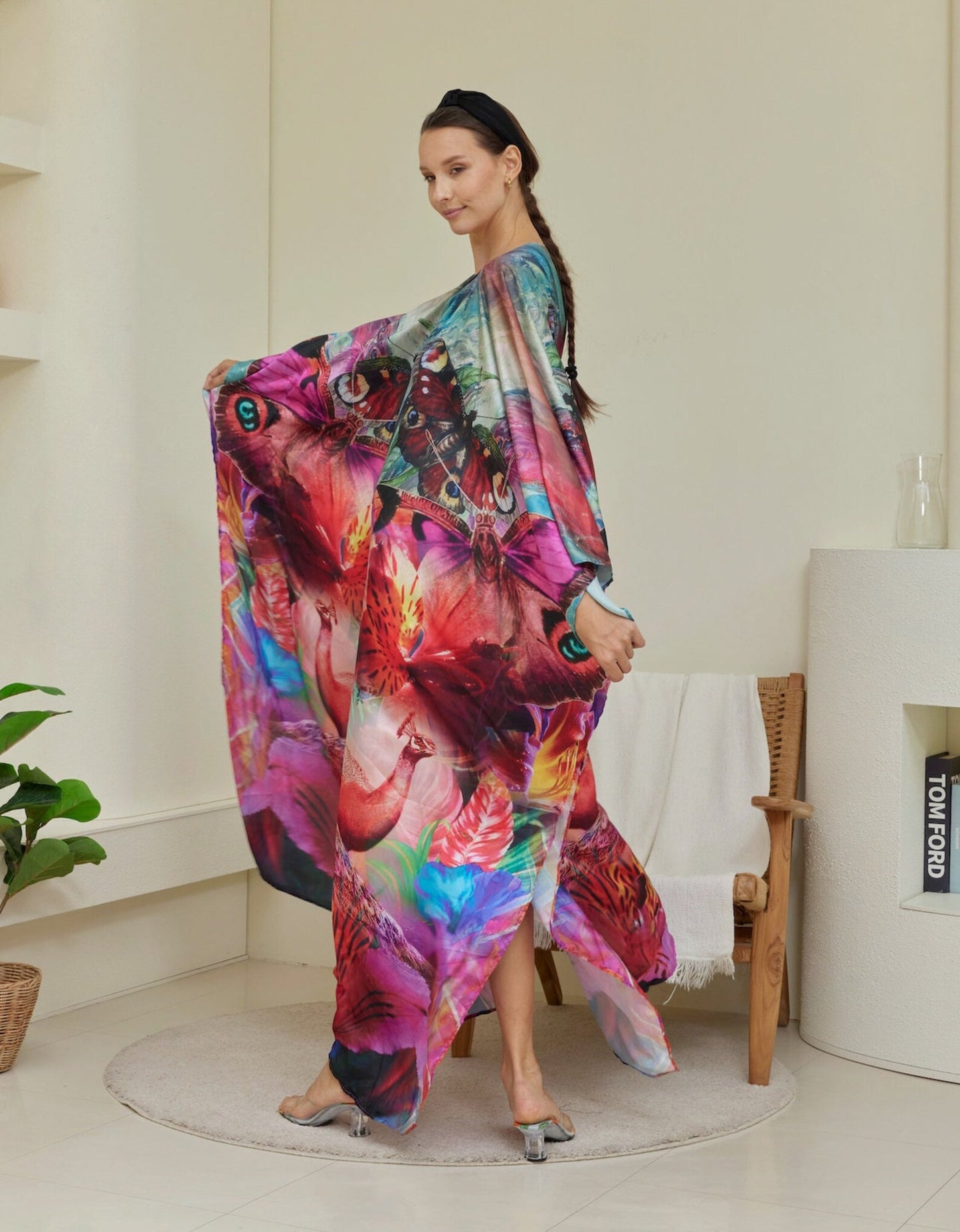 Boho Abstract Pink Gradient Silk Floral Kaftan Dress