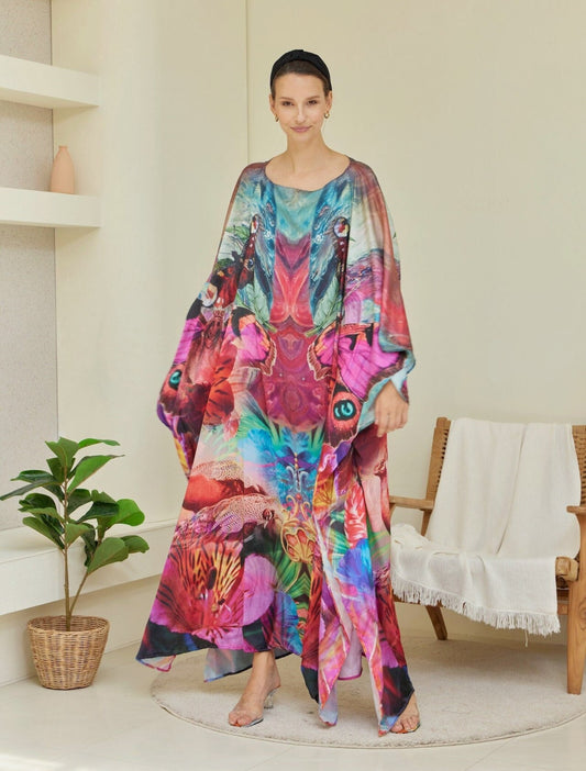 Boho Abstract Pink Gradient Silk Floral Kaftan Dress