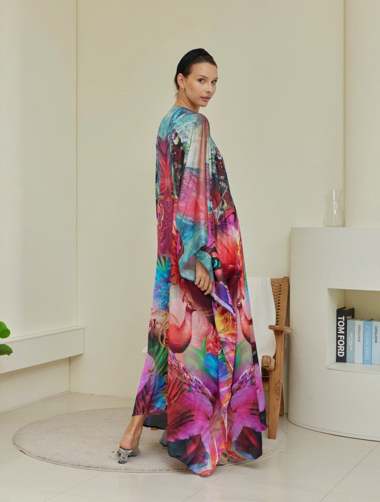 Boho Abstract Pink Gradient Silk Floral Kaftan Dress